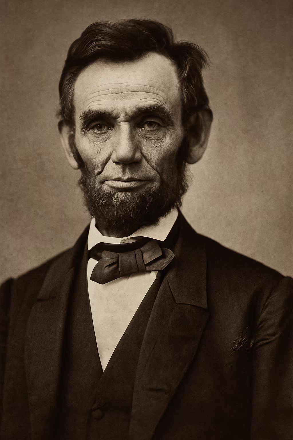 Portrait d’Abraham Lincoln, 16ᵉ président des États-Unis, en buste avec barbe et habit noir – style photographique du XIXᵉ siècle