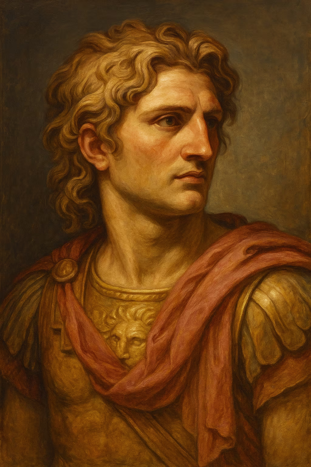 Peinture réaliste représentant Alexandre le Grand en buste, cheveux bouclés, regard déterminé, portant une armure ornée d’une tête de lion et un manteau rouge, éclairage chaud et fond neutre.