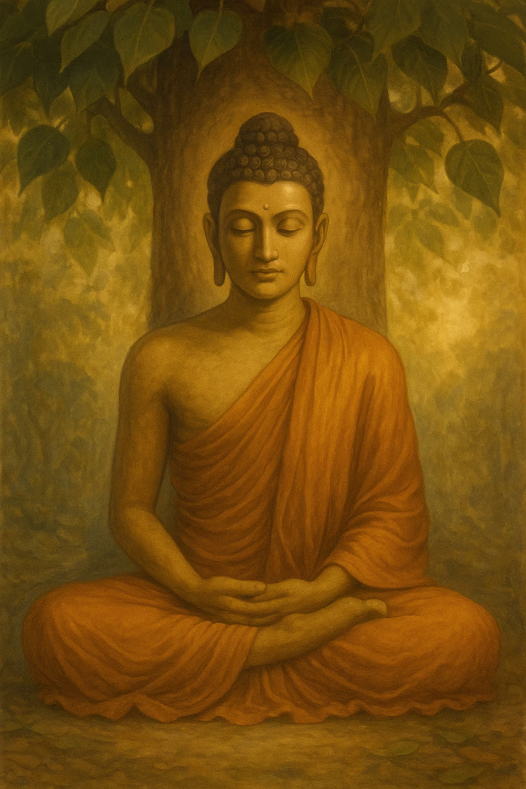 Vector illustration of Buddha meditating in lotus on a pink flower with a golden halo and copper sky inspired by ancient northern India.