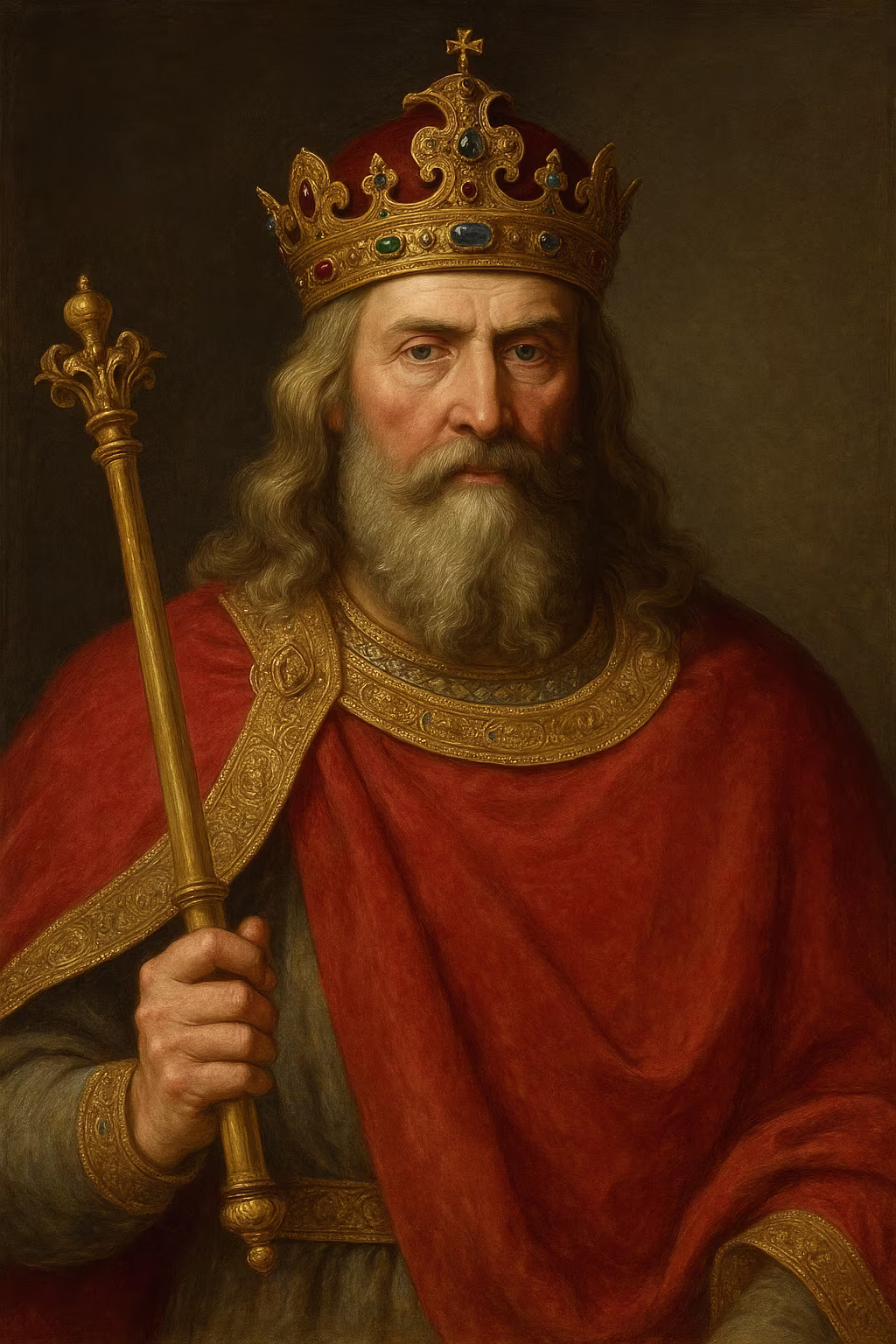 Portrait réaliste de Charlemagne, roi des Francs et empereur d’Occident, portant une couronne dorée ornée de pierres précieuses et tenant un sceptre – peinture historique à l’huile