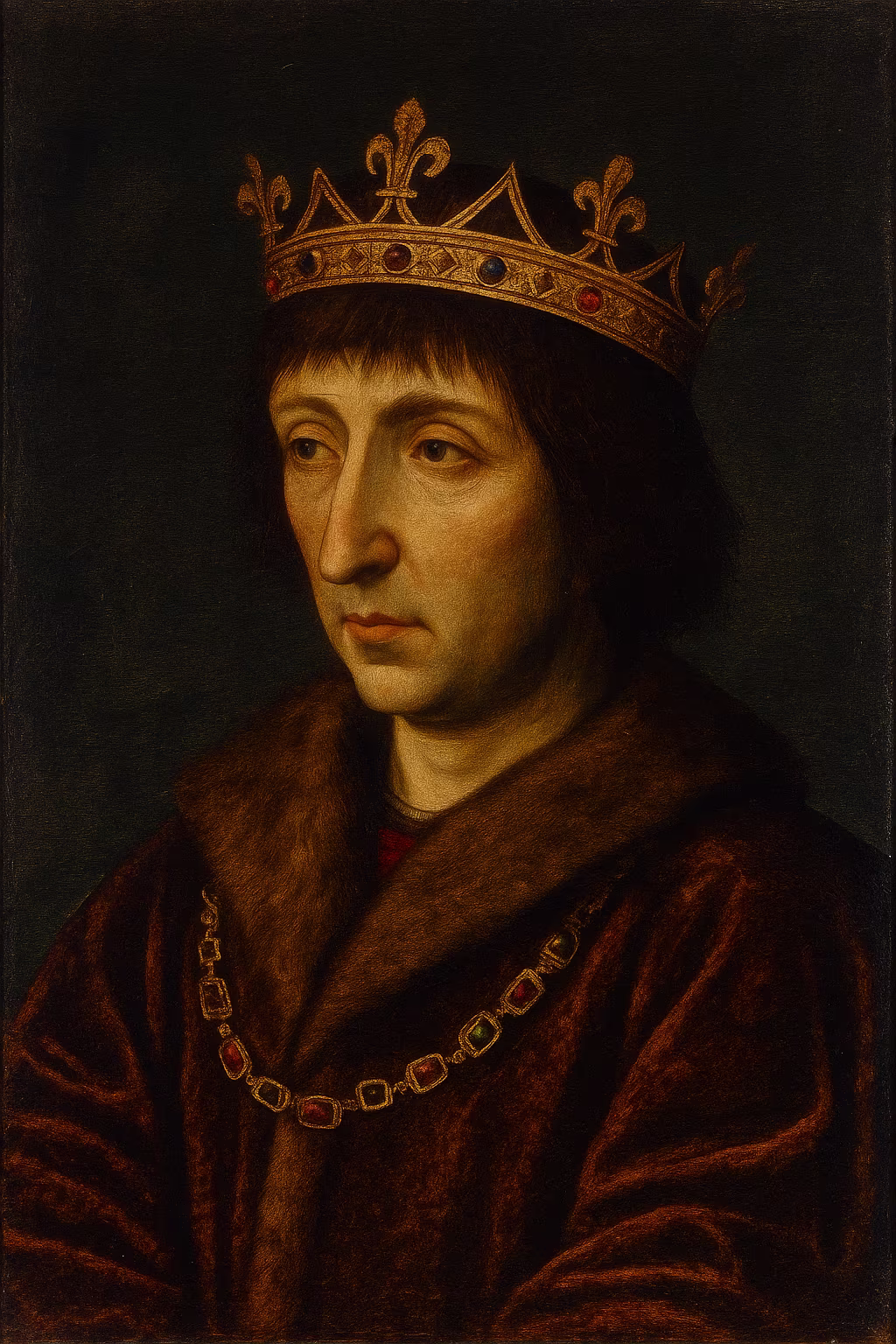 Portrait de Charles VII, roi de France, portant une couronne dorée et un manteau de velours brun, style peinture du XVe siècle