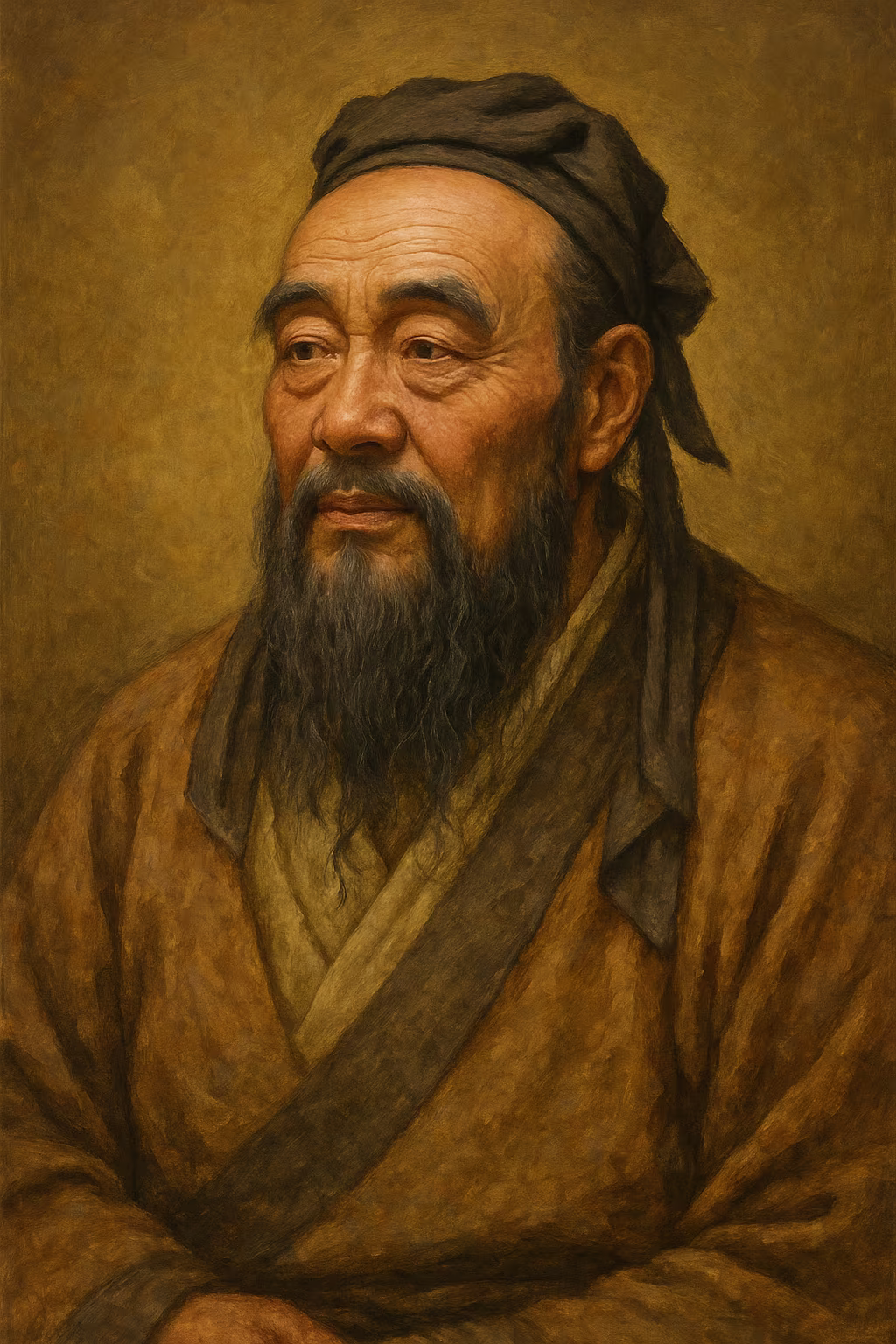 Realistic portrait of Confucius with a scholar’s cap and long beard, ceremonial Zhou robe, contemplative gaze, lighting reminiscent of Warring States scroll painting.
