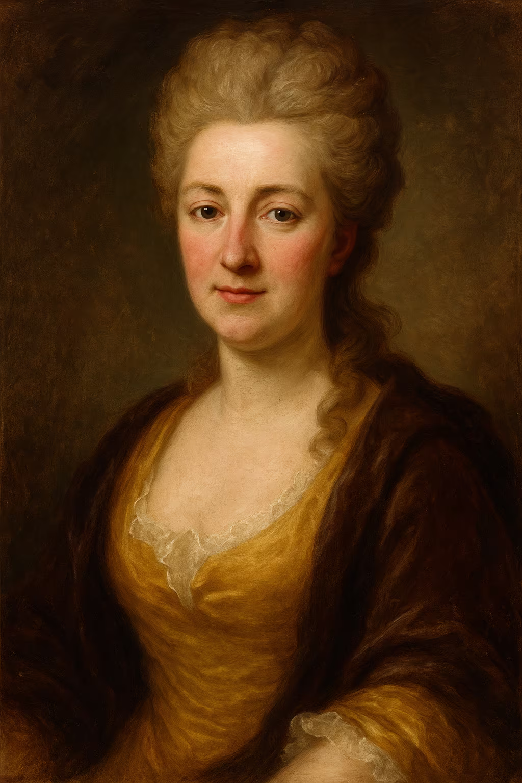 Portrait détaillé d’Émilie du Châtelet en robe de soie du XVIIIe siècle, tenant un compas sur des tables de calcul, coiffure élaborée et regard assuré, lumière chaude rappelant un atelier scientifique.