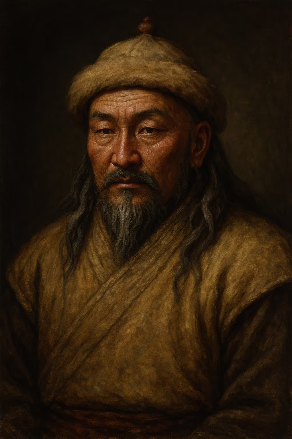 Detailed historical portrait of Genghis Khan in embroidered deel and lamellar armor, fur hat, piercing gaze, and commanding stance against a storm-lit steppe sky.