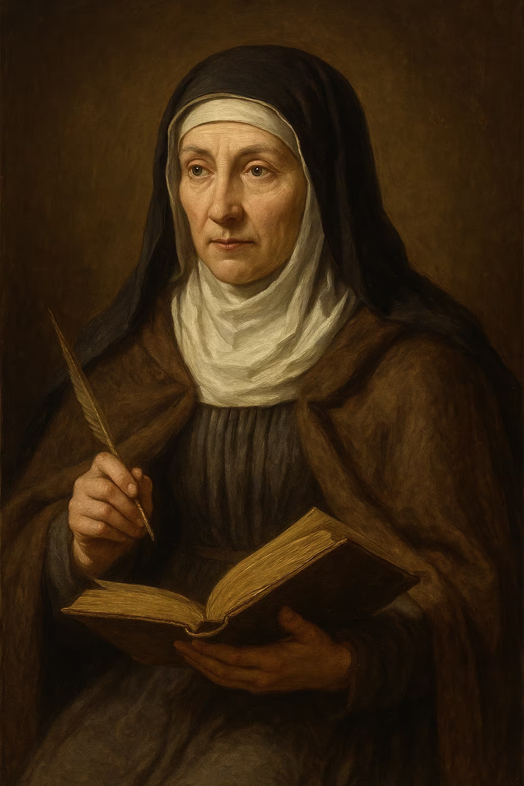 Portrait détaillé d’Hildegarde de Bingen, voile et habit bénédictins, plume à la main devant un manuscrit enluminé, lumière dorée évoquant les visions mystiques du XIIe siècle.