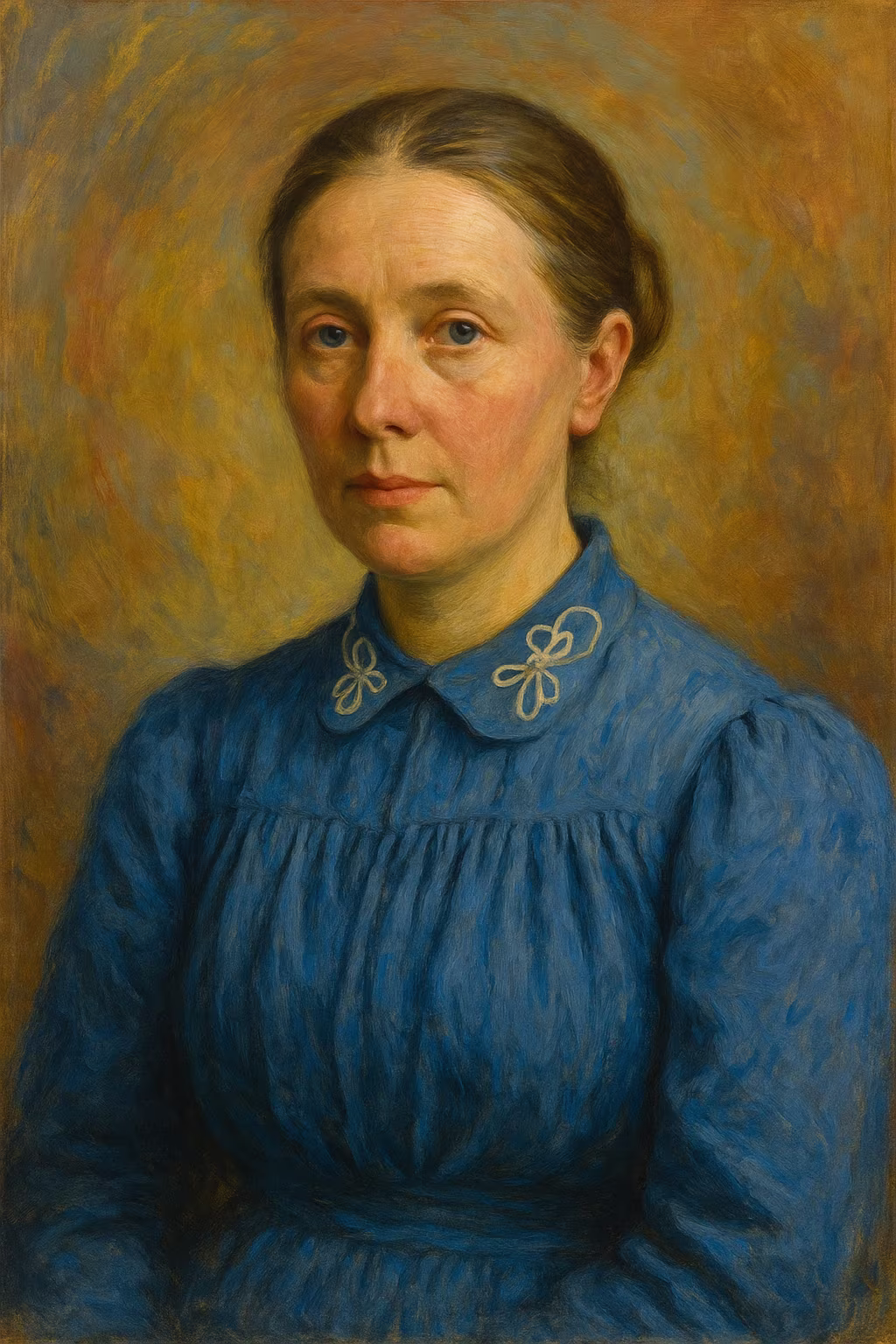 Realistic portrait of Hilma af Klint with pinned-up hair, late nineteenth-century black dress, determined gaze, against a backdrop of spiral abstract motifs in soft pastels.