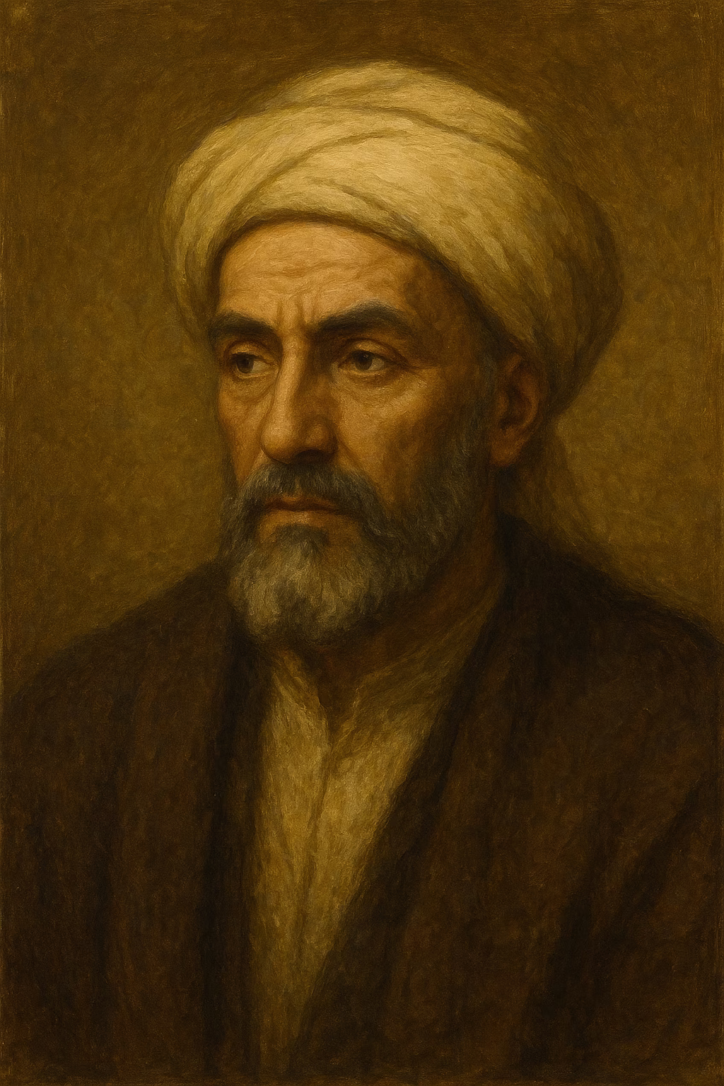 Portrait imaginaire d'Ibn Khaldoun, turban blanc et robe de savant du XIVe siècle, regard attentif, bibliothèque arabe en arrière-plan.