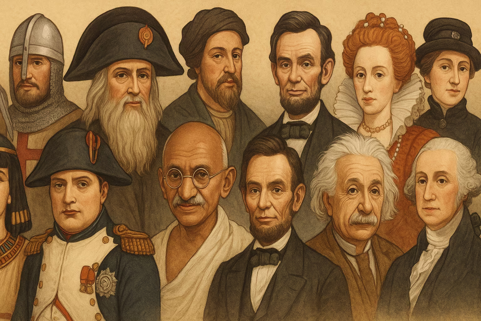 Illustration représentant plusieurs personnages historiques de différentes époques côte à côte, dont Napoléon Bonaparte, Léonard de Vinci, Gandhi, Albert Einstein, Abraham Lincoln, George Washington et d’autres figures célèbres.