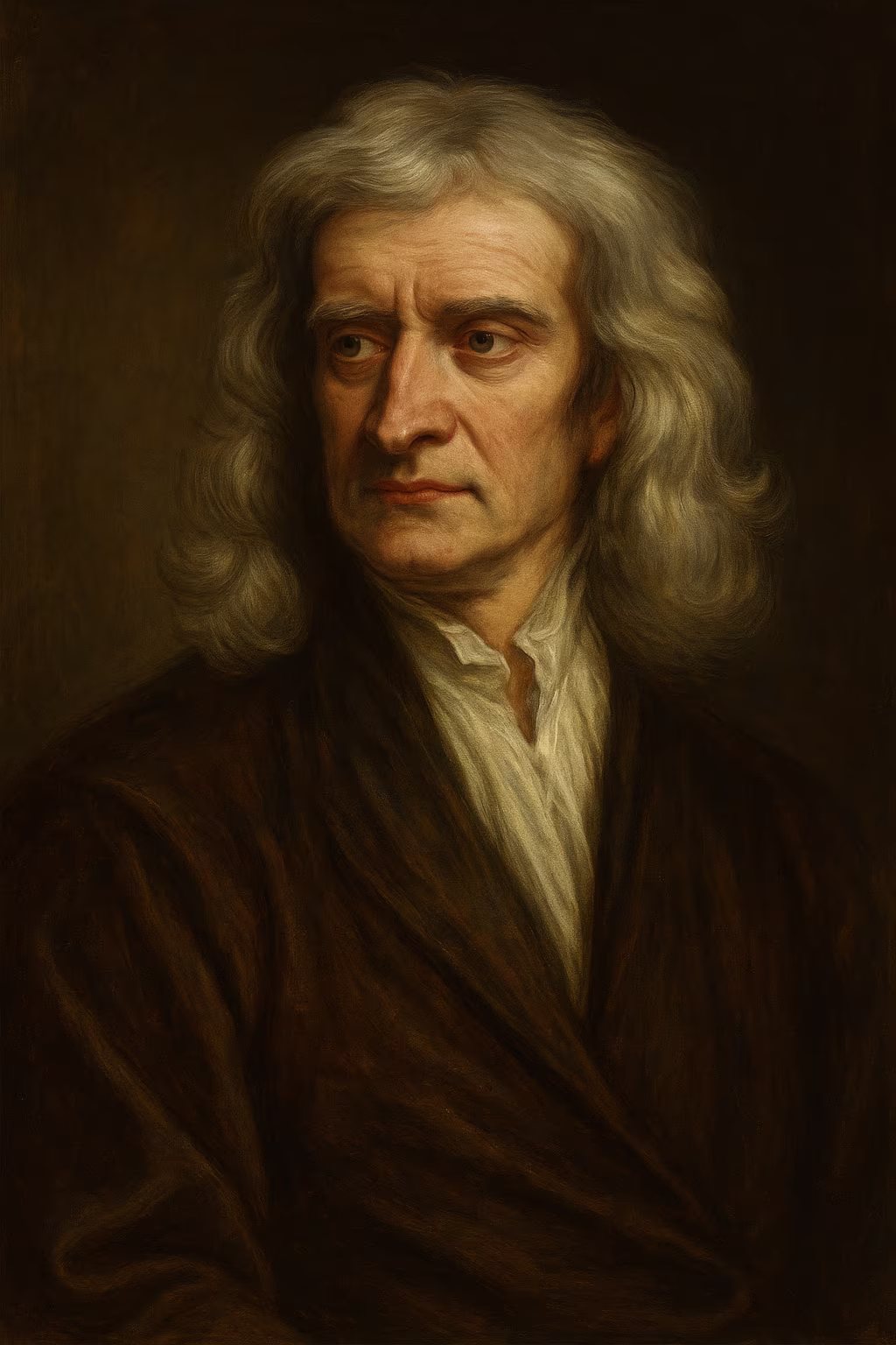 Painted portrait of Isaac Newton with a long wig, dark velvet robe, and intent gaze, softly lit inside a seventeenth-century scholarly interior.