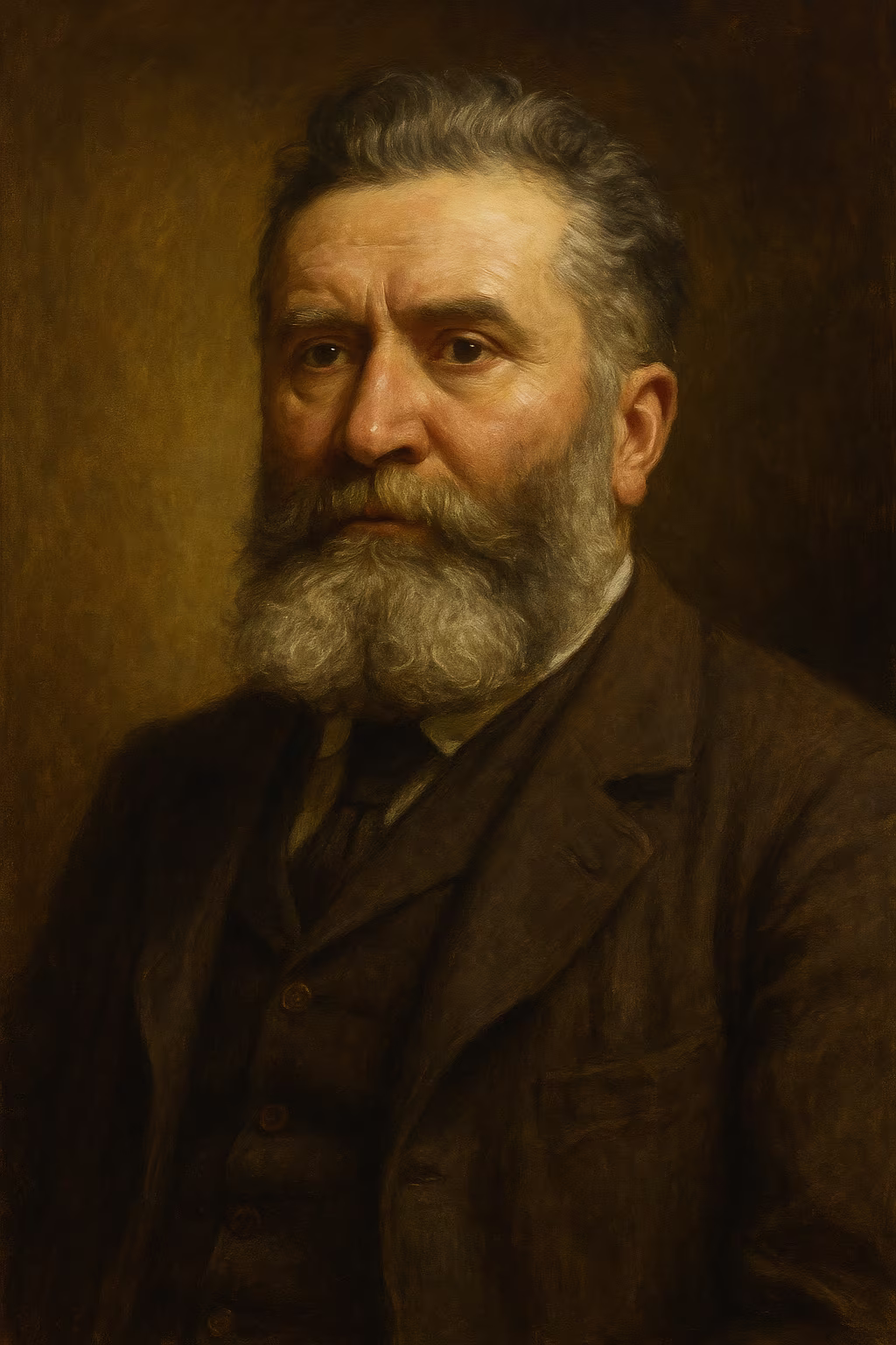 Portrait réaliste de Jean Jaurès, barbe fournie et regard intense, costume sombre de député, décor parlementaire de la Belle Époque, lumière chaude évoquant les portraits officiels du début du XXe siècle.