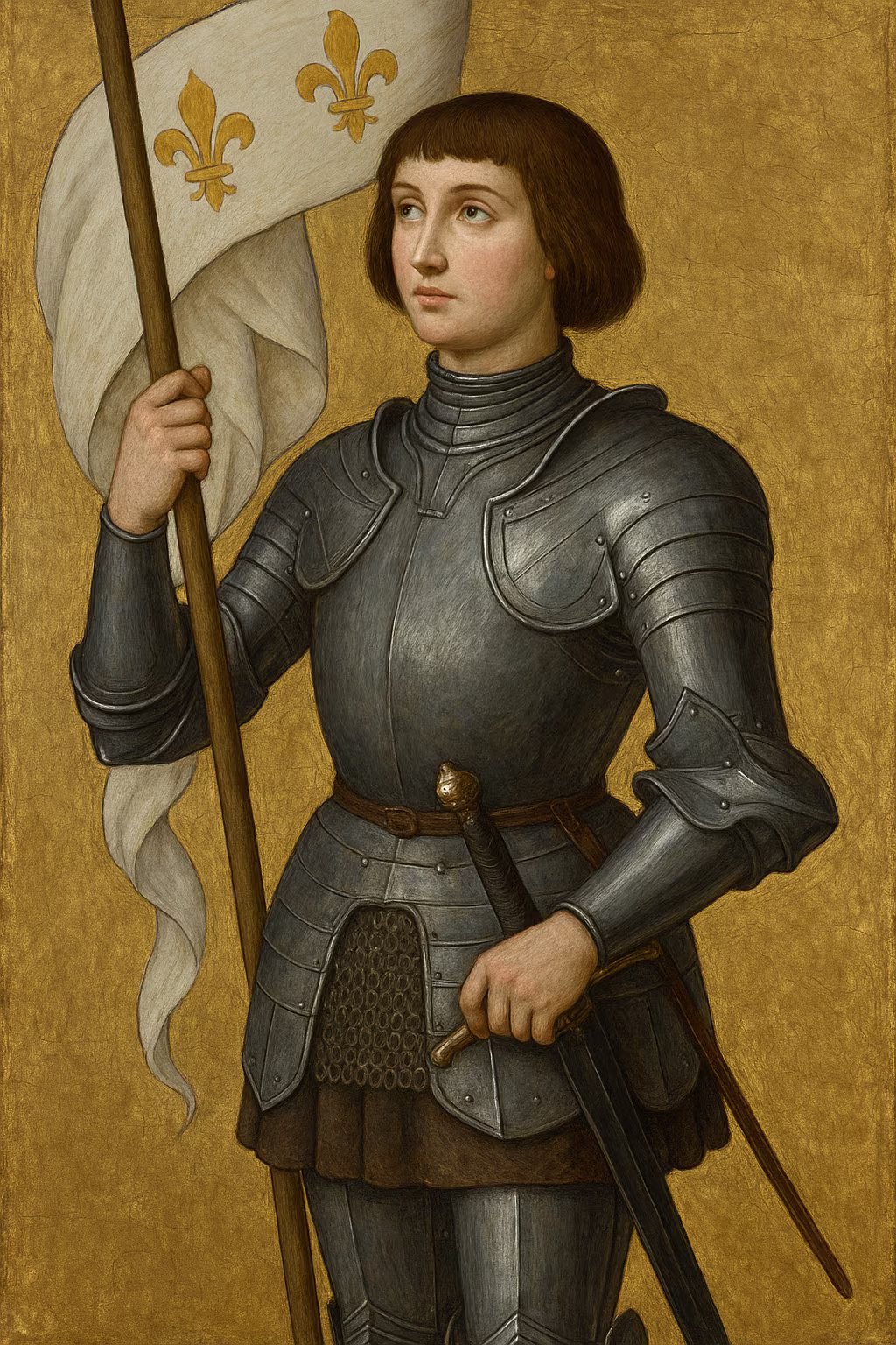 Jeanne d’Arc en armure tenant une bannière fleurdelisée, style enluminure médiévale