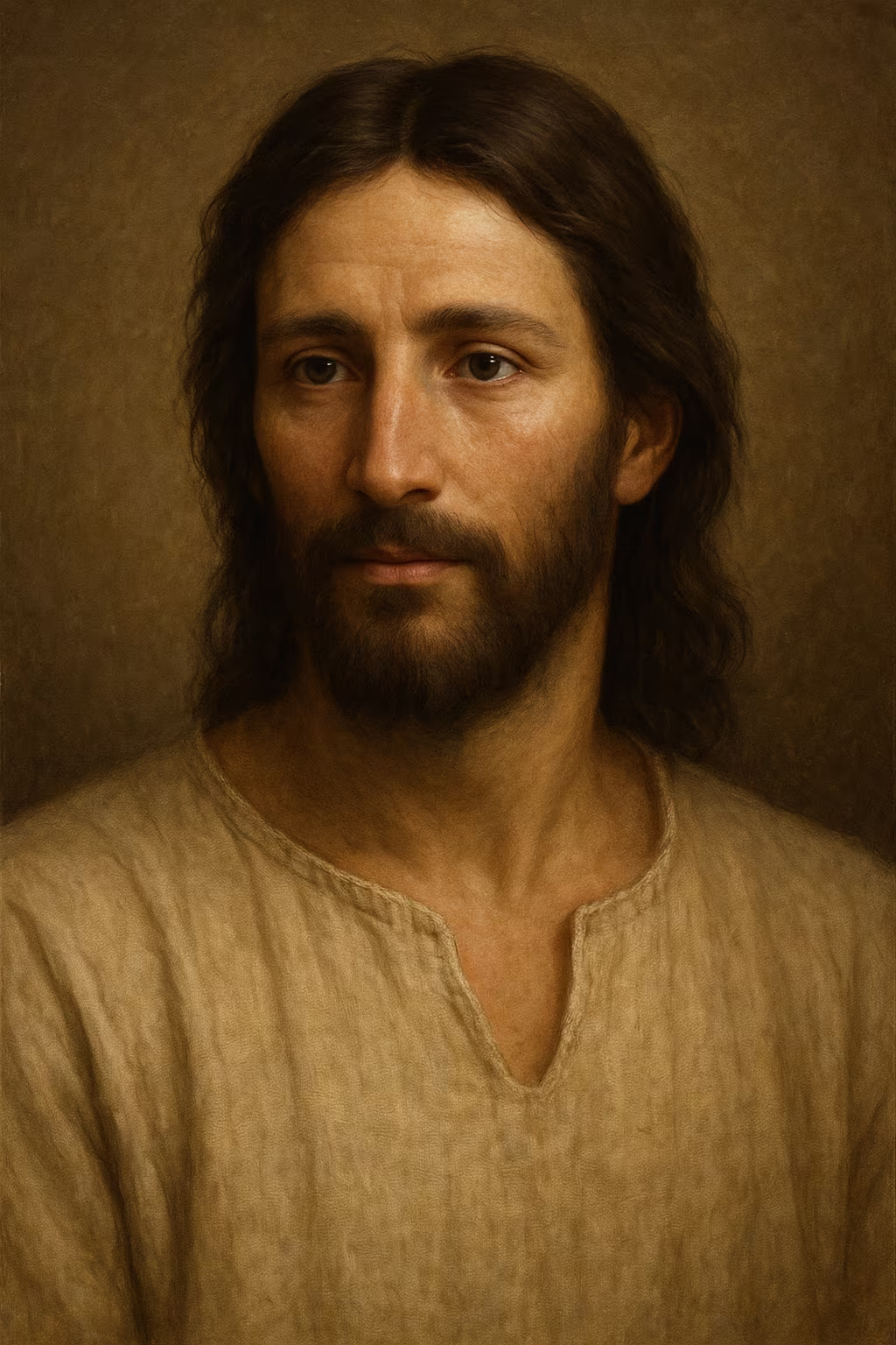 Portrait réaliste de Jésus de Nazareth, barbe et cheveux mi-longs, tunique simple de lin, expression bienveillante et grave, éclairage rappelant la peinture du Ier siècle.