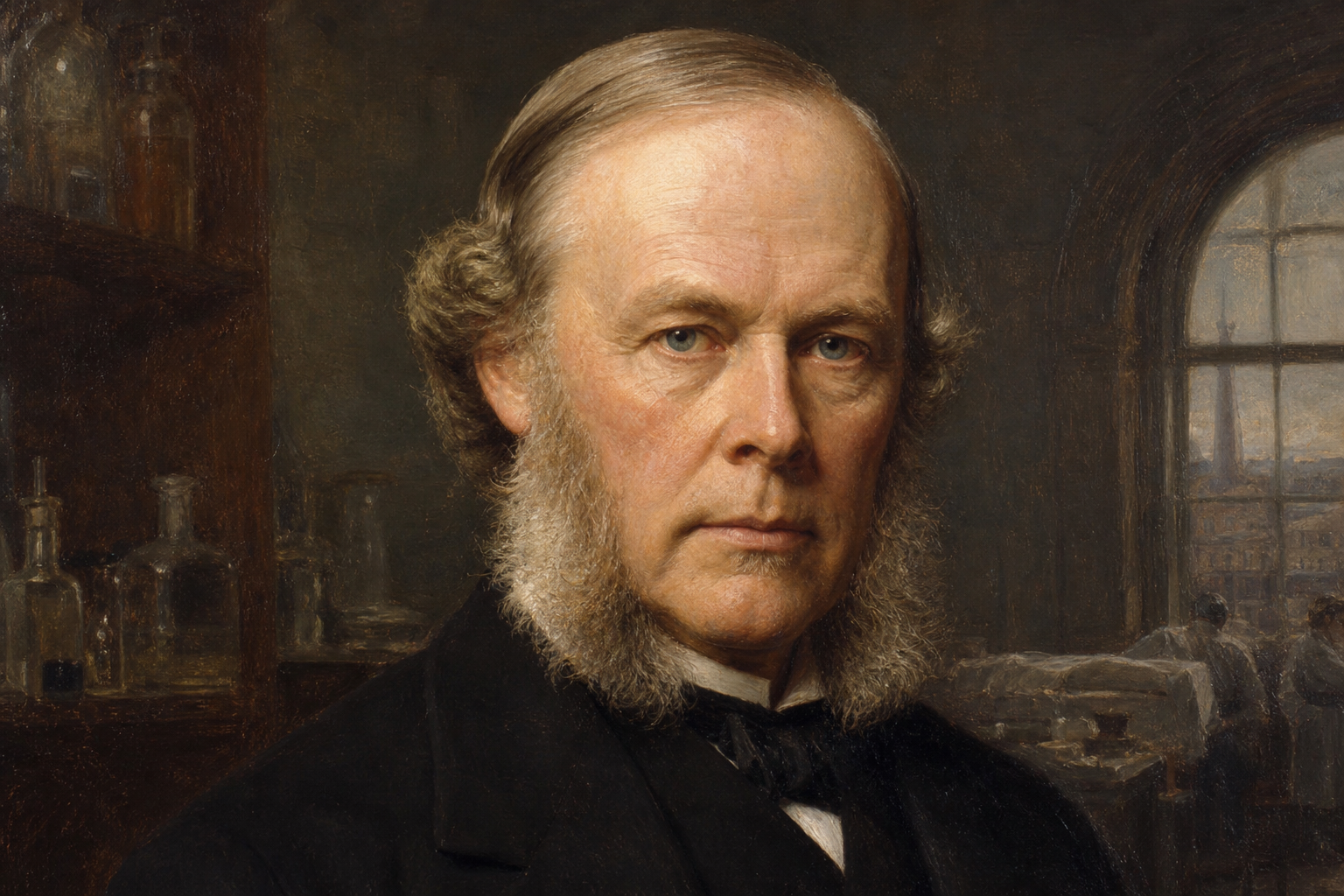 Portrait réaliste de Joseph Lister, barbe fournie et favoris victoriens, redingote sombre, regard concentré, éclairage rappelant une peinture du XIXe siècle montrant un chirurgien à l'hôpital de Glasgow.
