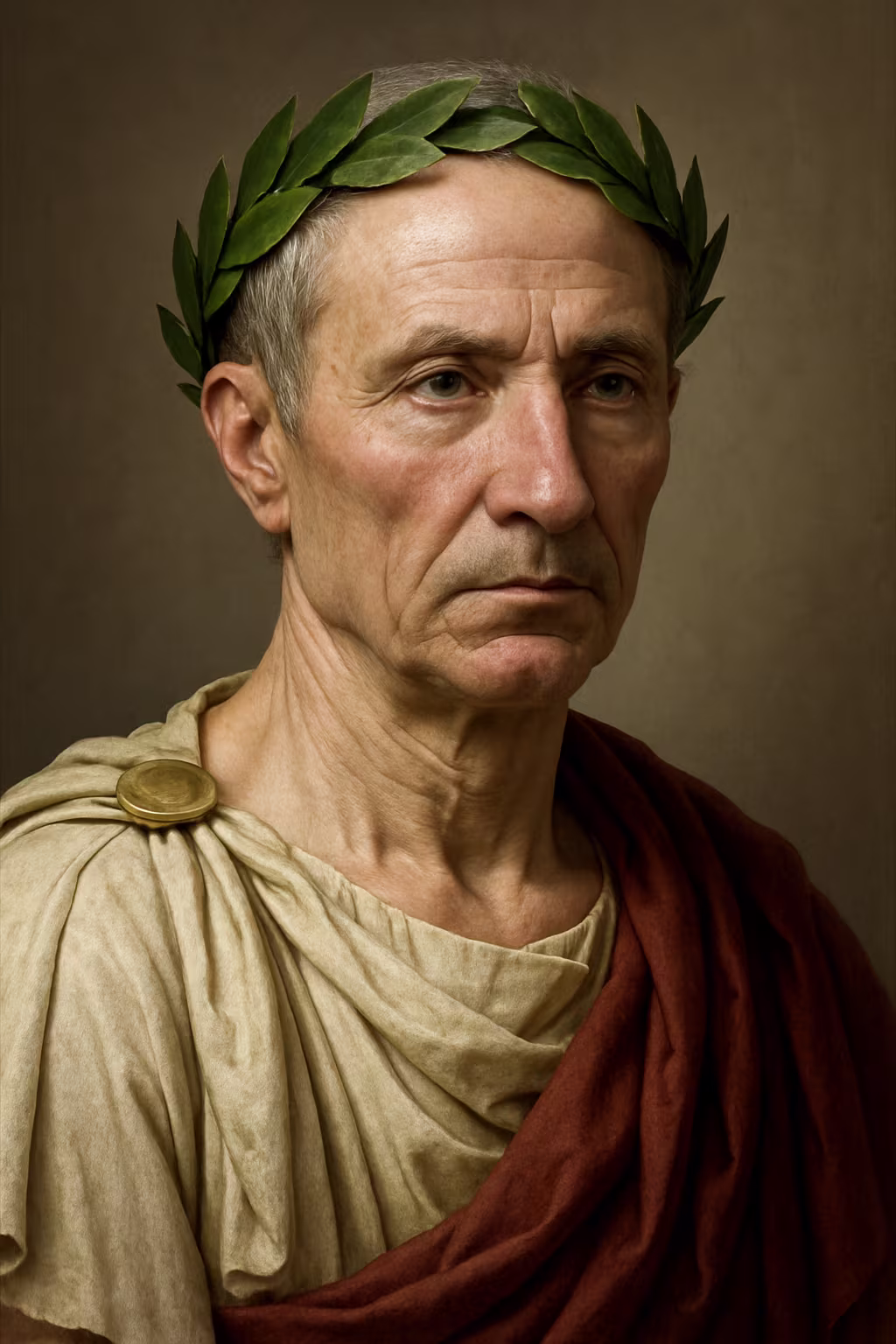 Portrait réaliste de Jules César, lauré, en toge romaine, inspiré des bustes antiques et monnaies.