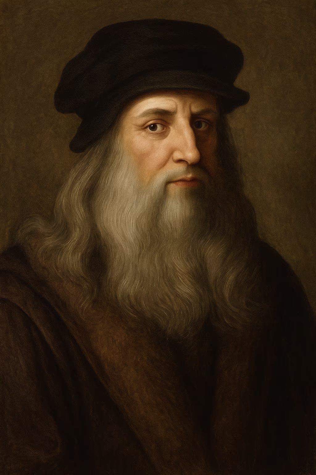 Realistic portrait of Leonardo da Vinci with a long white beard, dark velvet cap, and brown cloak in soft Renaissance lighting.