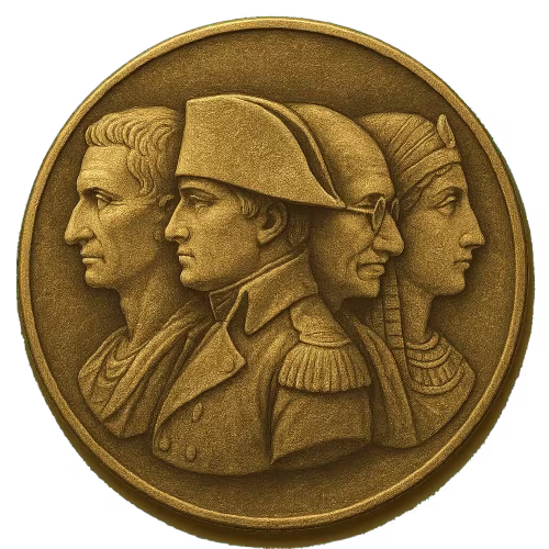 Historic Figures website logo, depicted as a golden coin with the faces of Napoleon Bonaparte, Julius Caesar, Gandhi, and Cleopatra