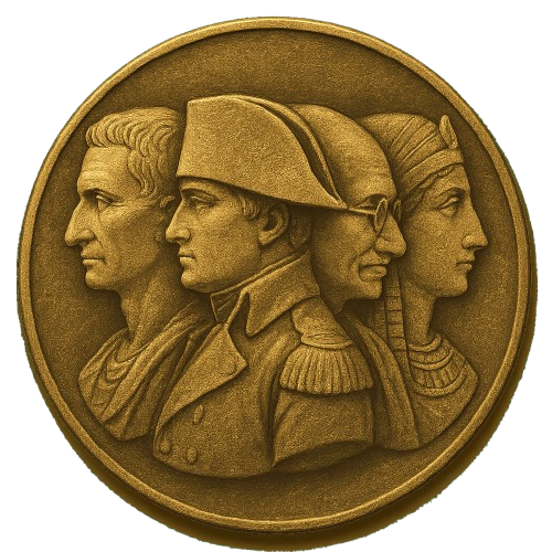 Logo du site Historic Figures, représenté par une pièce dorée, avec les visages de Napoléon Bonaparte, Jules César, Gandhi et Cléopâtre