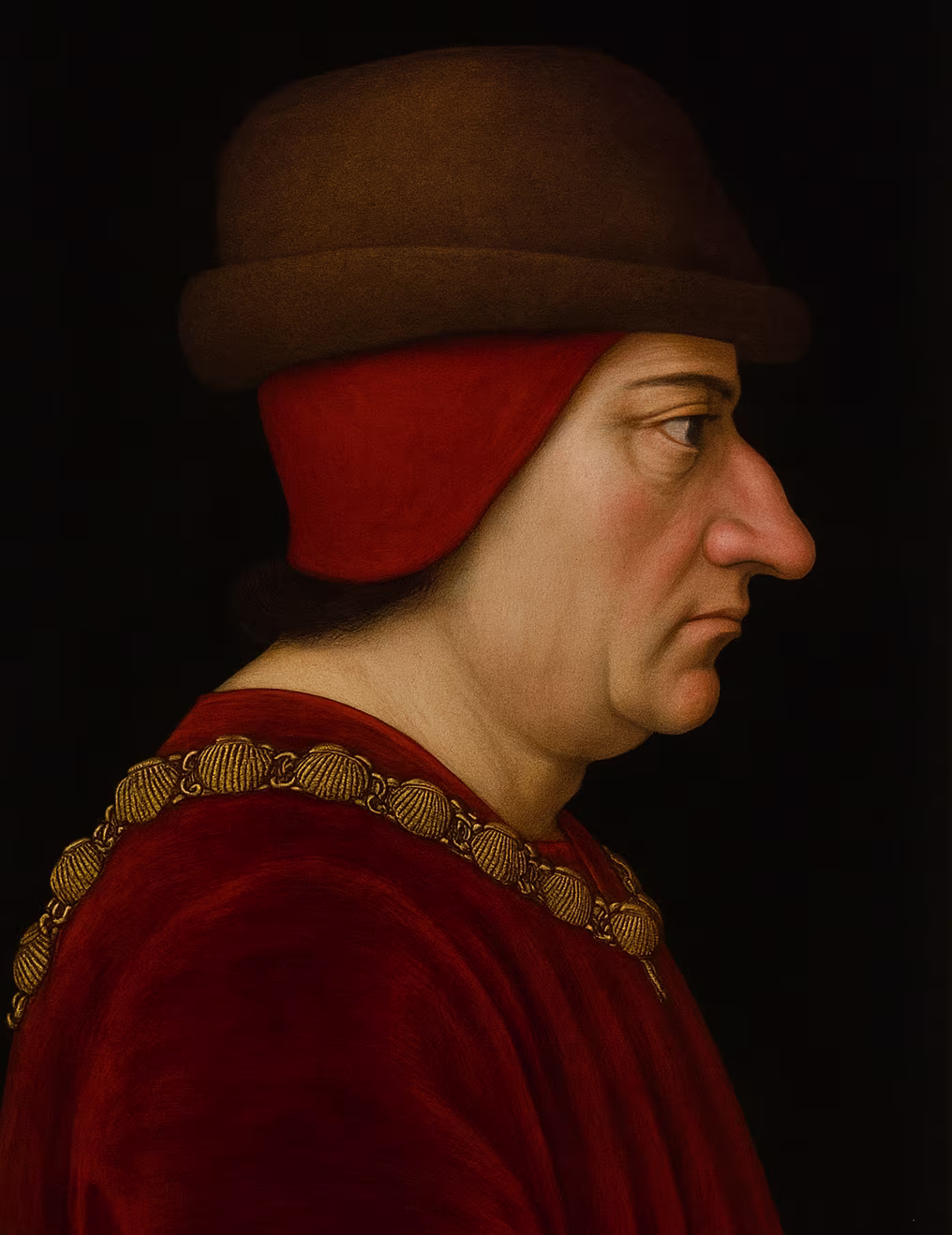 Portrait de profil de Louis XI, roi de France, portant un chaperon brun et rouge et une chaîne d’or sur un manteau rouge, fond noir, style Renaissance française du XVe siècle