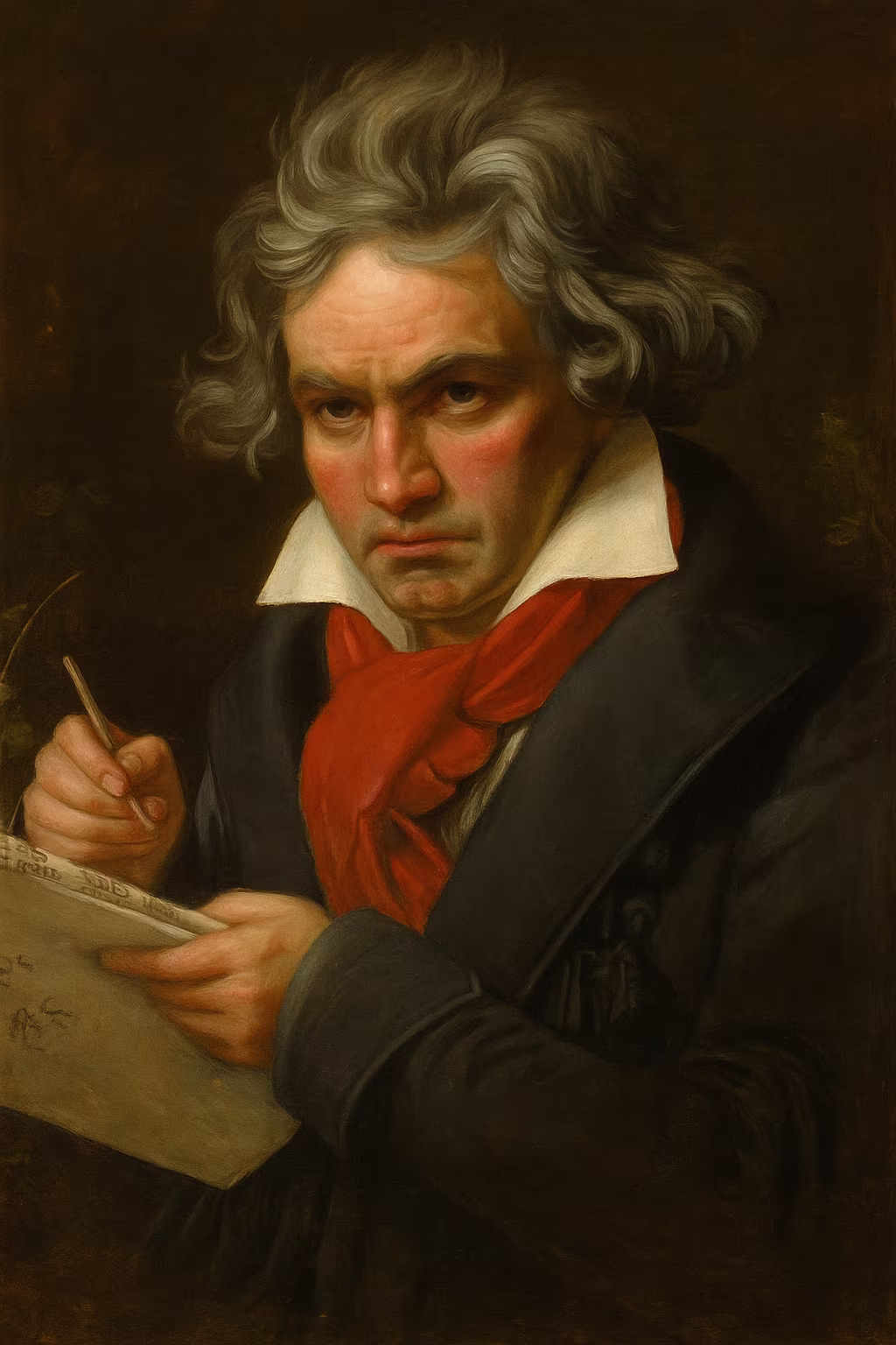 Portrait réaliste de Ludwig van Beethoven, cheveux bruns ébouriffés, manteau sombre et foulard rouge, tenant une partition annotée dans un cabinet viennois éclairé par une lumière d'hiver.