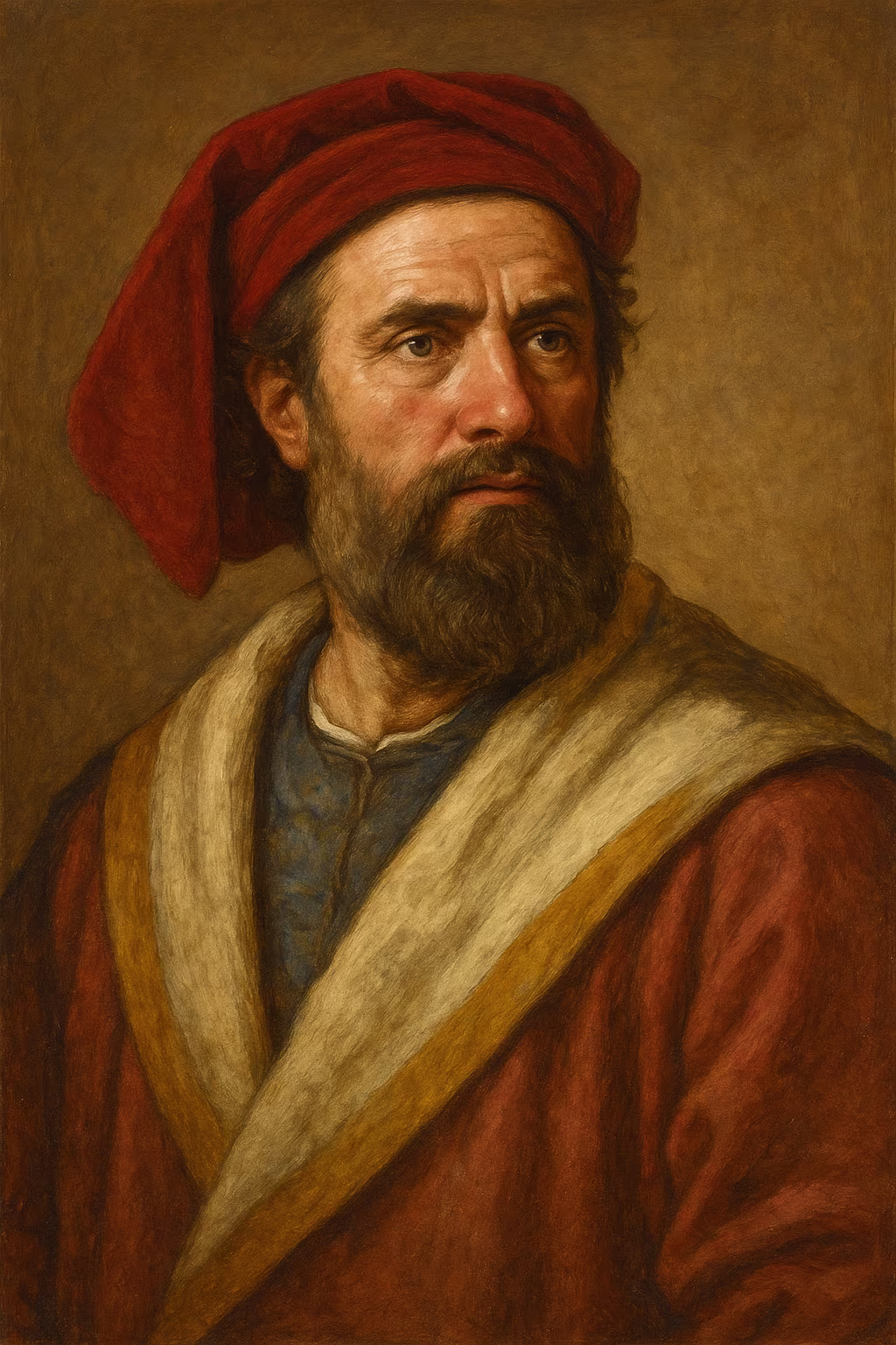 Portrait historique de Marco Polo, marchand vénitien vêtu d’une robe de soie rouge sombre et d’un bonnet de fourrure, tenant un rouleau de cartes, fond évoquant la route de la soie médiévale.