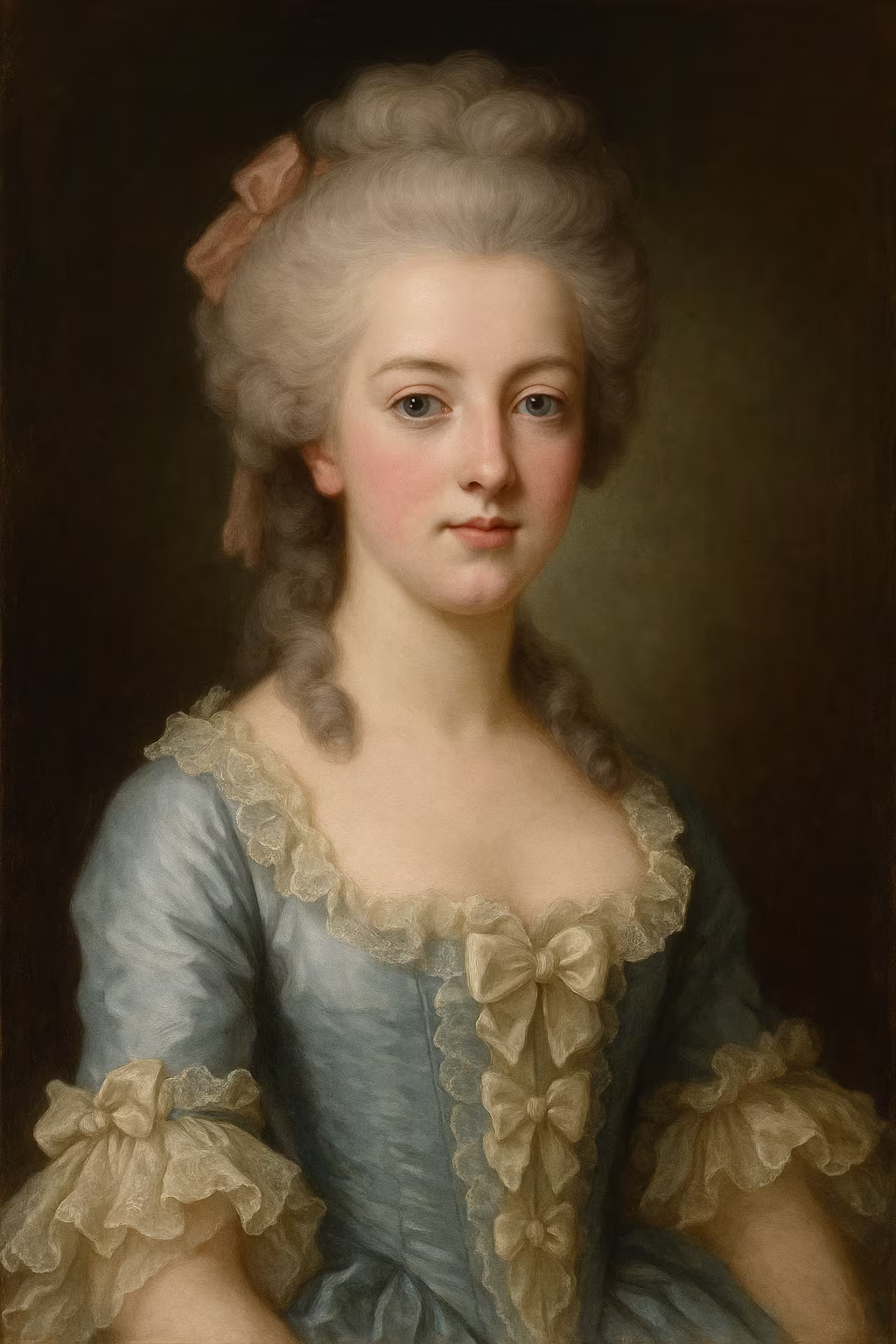 Portrait peint de Marie-Antoinette en robe de cour ivoire, coiffure haute poudrée, rubans bleus et roses, regard direct et posture digne dans un décor de Versailles.