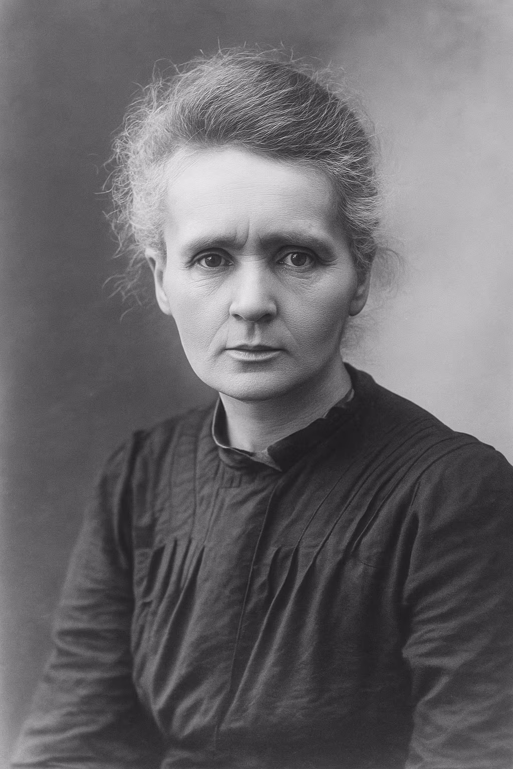 Black and white portrait of Marie Curie in her laboratory circa 1905, wearing a dark dress, observing a glowing radium flask, surrounded by early scientific instruments symbolizing her groundbreaking research on radioactivity.