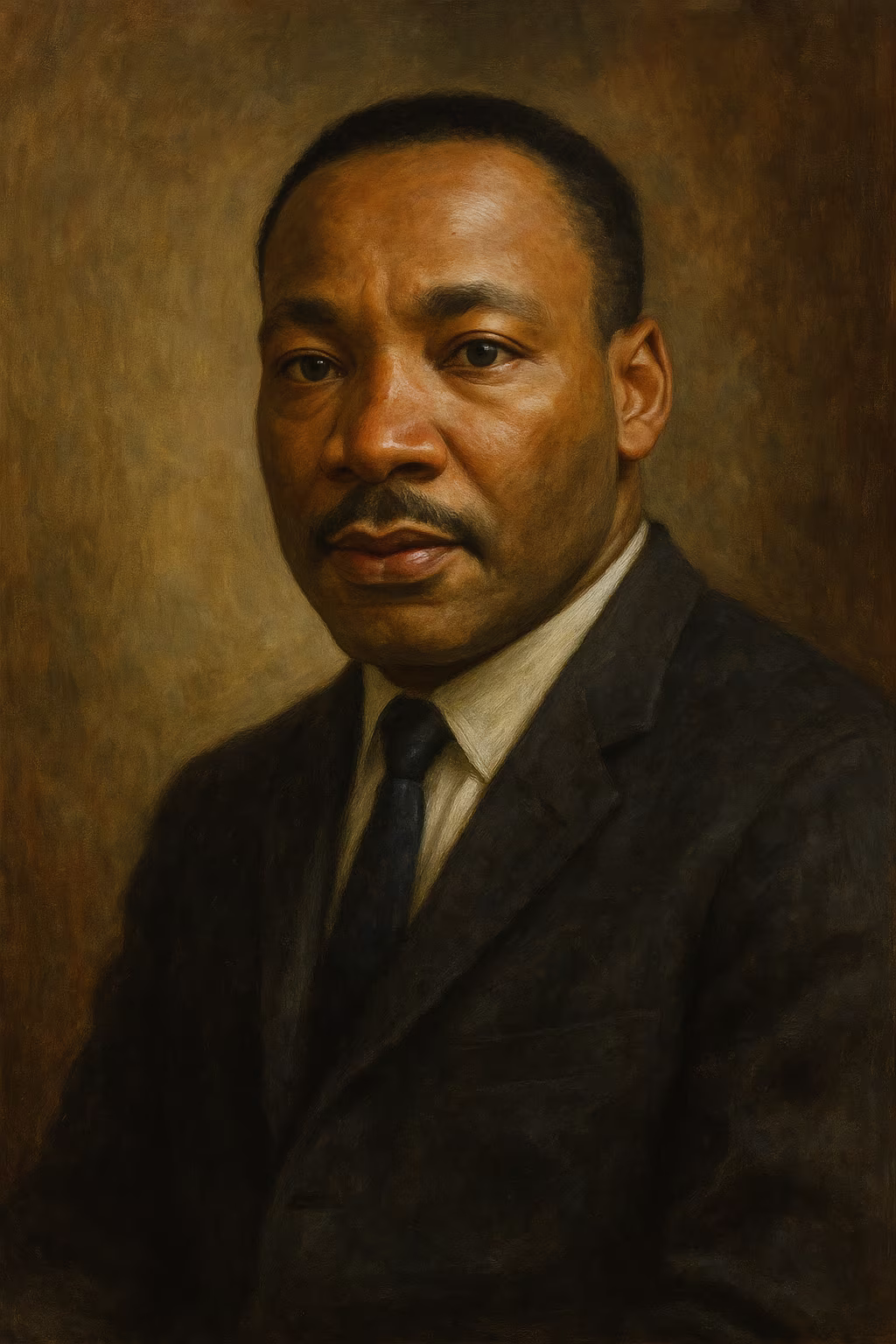 Portrait réaliste de Martin Luther King Jr., costume sombre et cravate, regard déterminé, arrière-plan évoquant une foule lors d'une marche pour les droits civiques dans les années 1960.