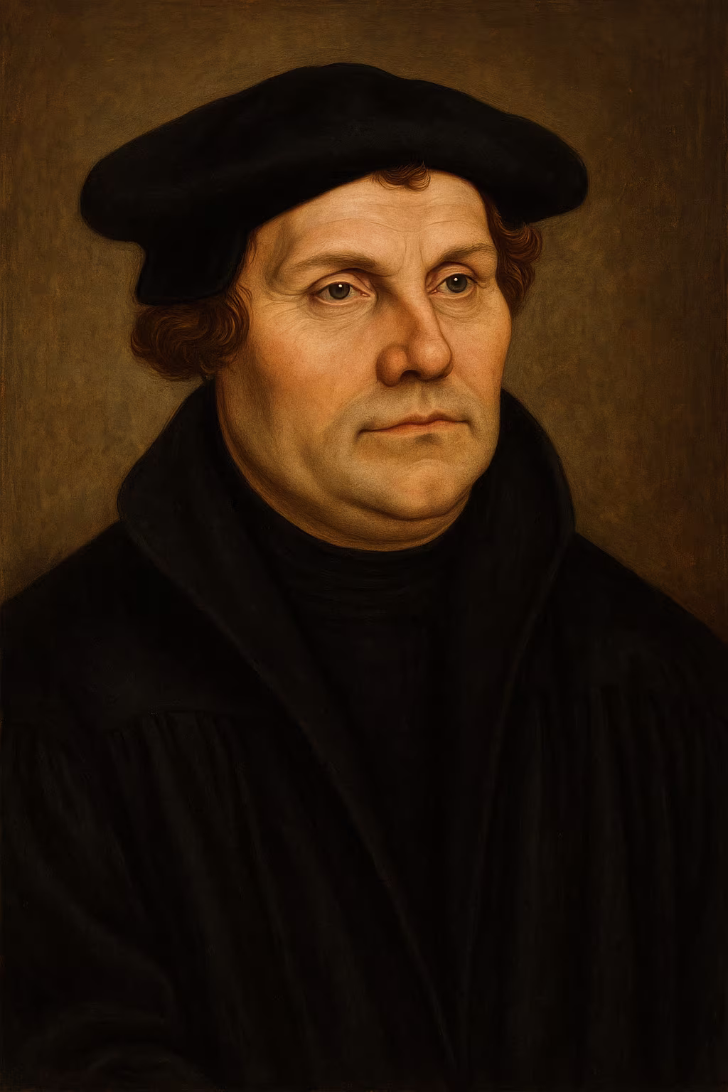 Portrait historique de Martin Luther en robe noire, tenant une Bible reliée, regard déterminé, lumière douce rappelant la peinture allemande du XVIe siècle.