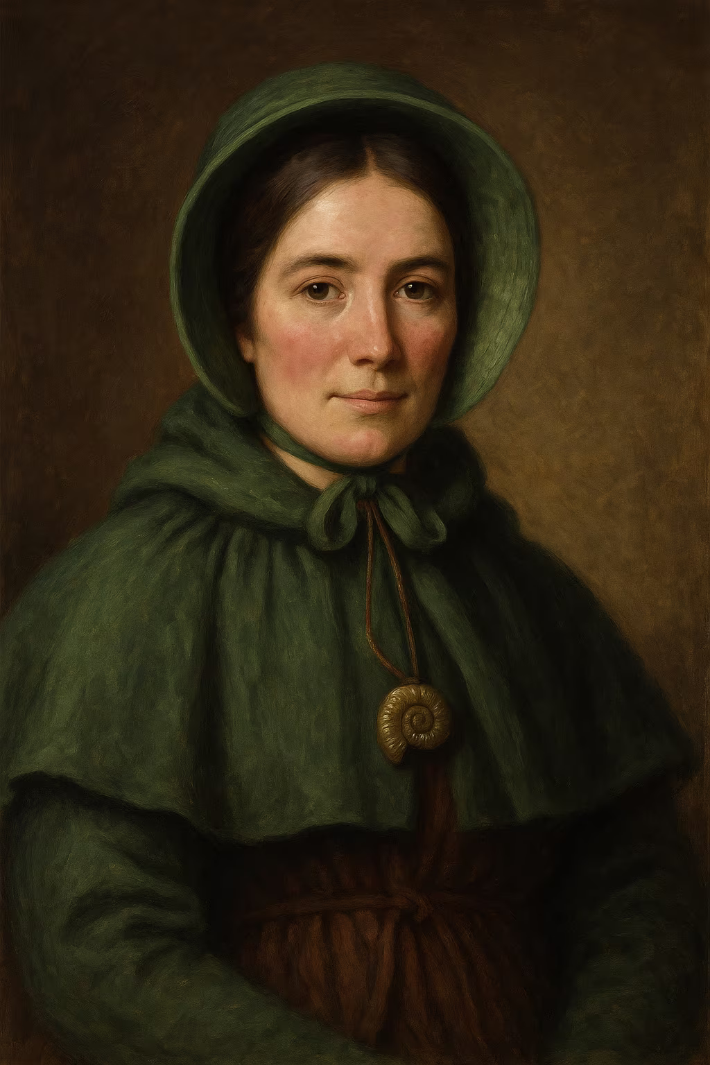 Portrait réaliste de Mary Anning observant un fossile de plésiosaure, vêtue d'une robe vert sombre et d'un bonnet de feutre, falaise jurassique de Lyme Regis en arrière-plan, lumière douce d'un matin côtier.