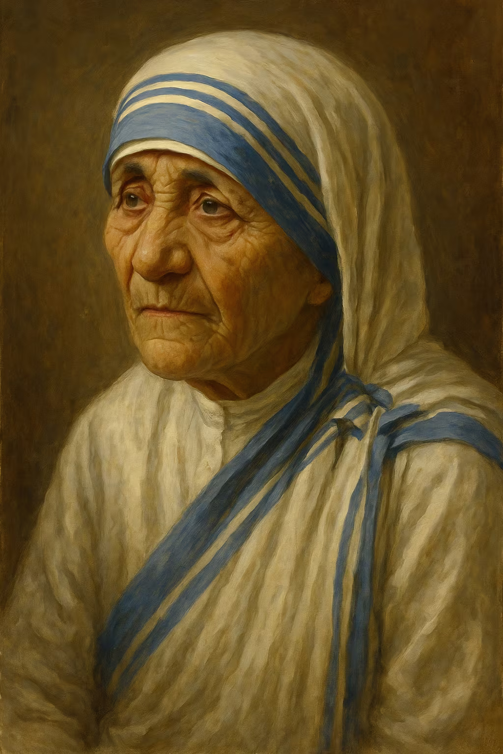 Portrait réaliste de Mère Teresa en sari blanc bordé de bleu, visage marqué par l’âge, sourire discret, lumière douce rappelant les ruelles de Calcutta.