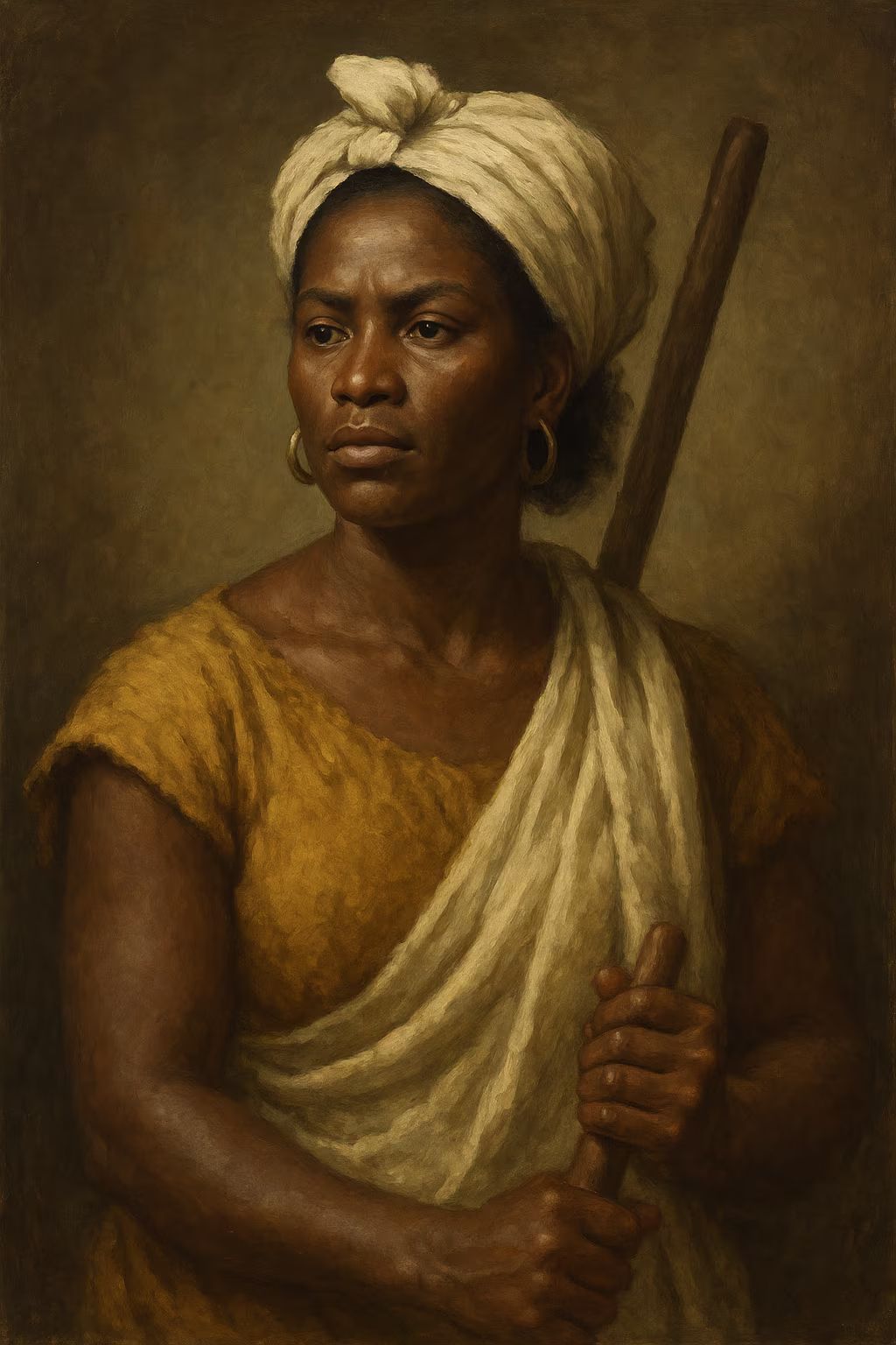 Portrait réaliste de Nanny des Marrons, femme afro-caribéenne en turban rouge et ceinture de coquillages, regard déterminé, vêtements traditionnels maroons, arrière-plan montagneux de la Jamaïque.