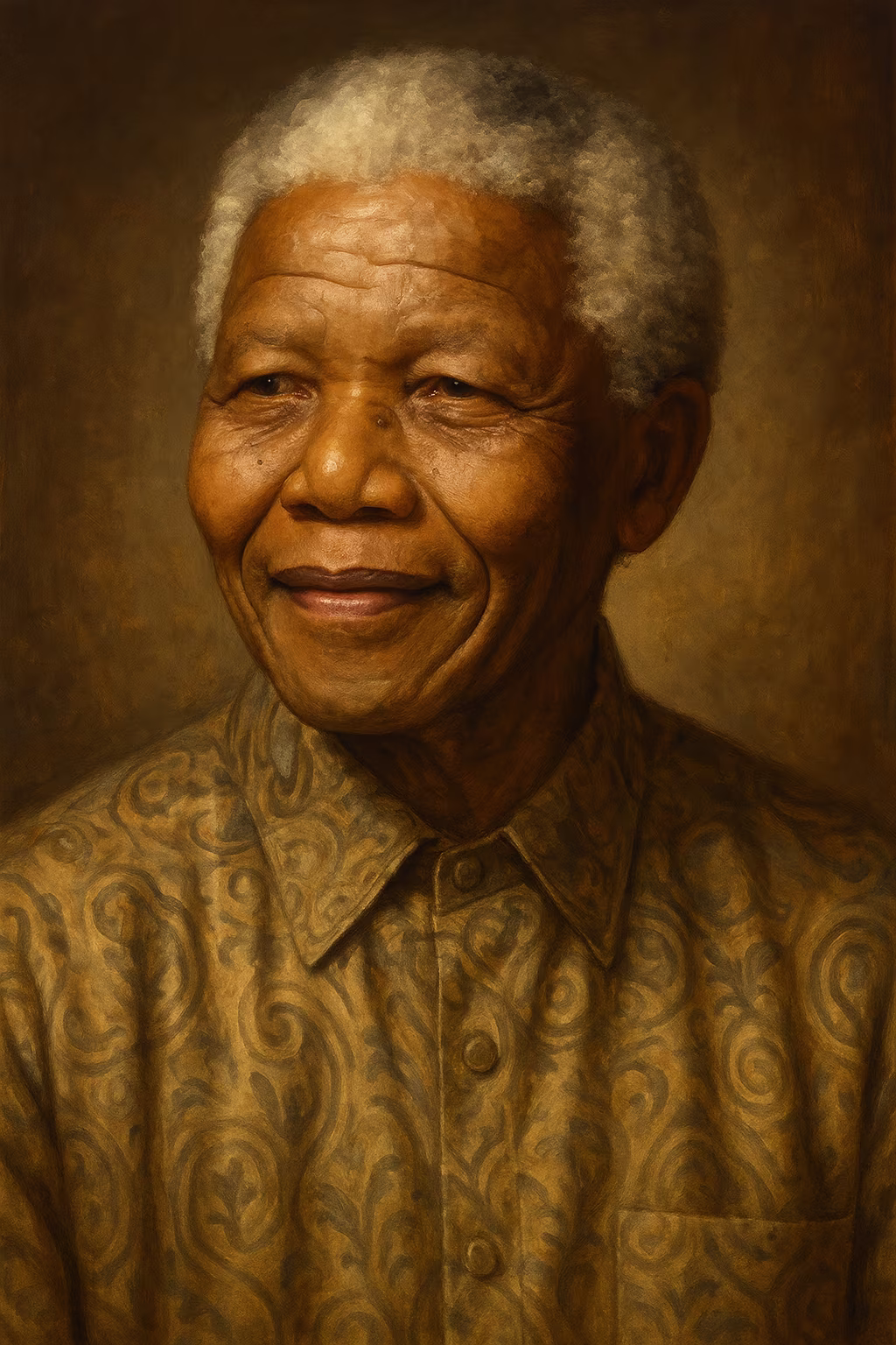Portrait réaliste de Nelson Mandela, cheveux gris courts, chemise Madiba colorée, sourire chaleureux, éclairage évoquant la lumière du Cap.