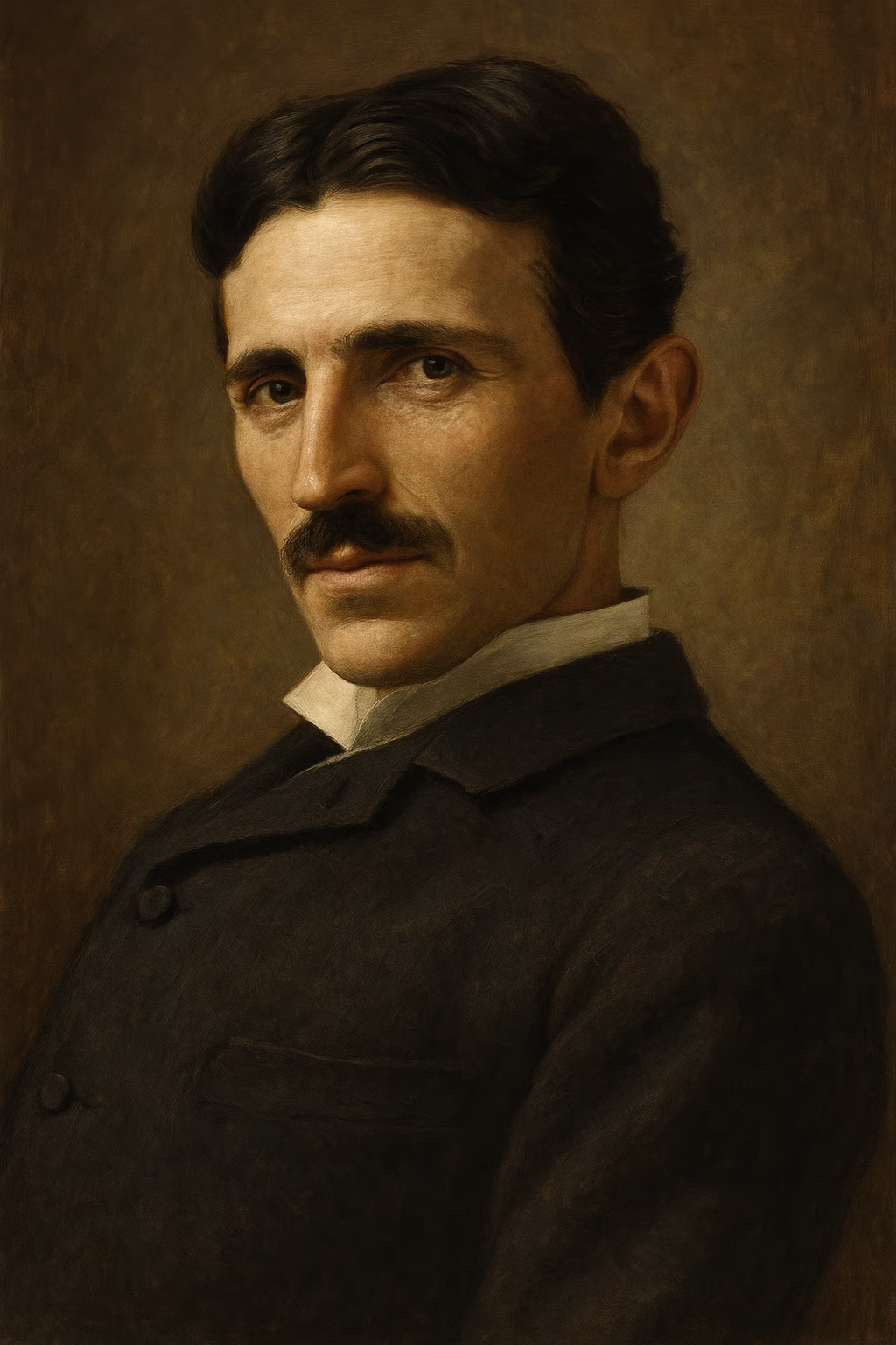 Portrait réaliste de Nikola Tesla en costume sombre, regard pensif, bobine Tesla lumineuse en arrière-plan, ambiance de laboratoire fin XIXe siècle.