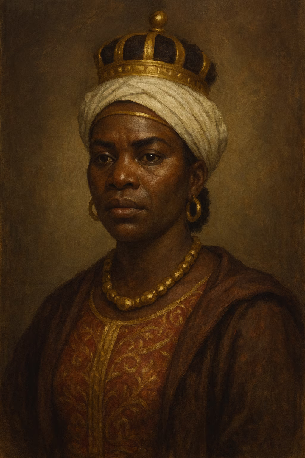 Portrait historique de la reine Nzinga Mbande, portant un pagne royal kongo et une coiffe perlée, regard déterminé, tenant une lance cérémonielle, ambiance chaude rappelant l'Angola du XVIIᵉ siècle.
