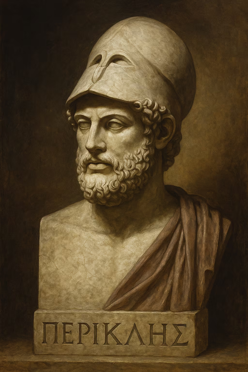 Portrait réaliste de Périclès portant un casque corinthien, manteau d'hoplite, regard déterminé, lumière inspirée de la statuaire grecque classique.
