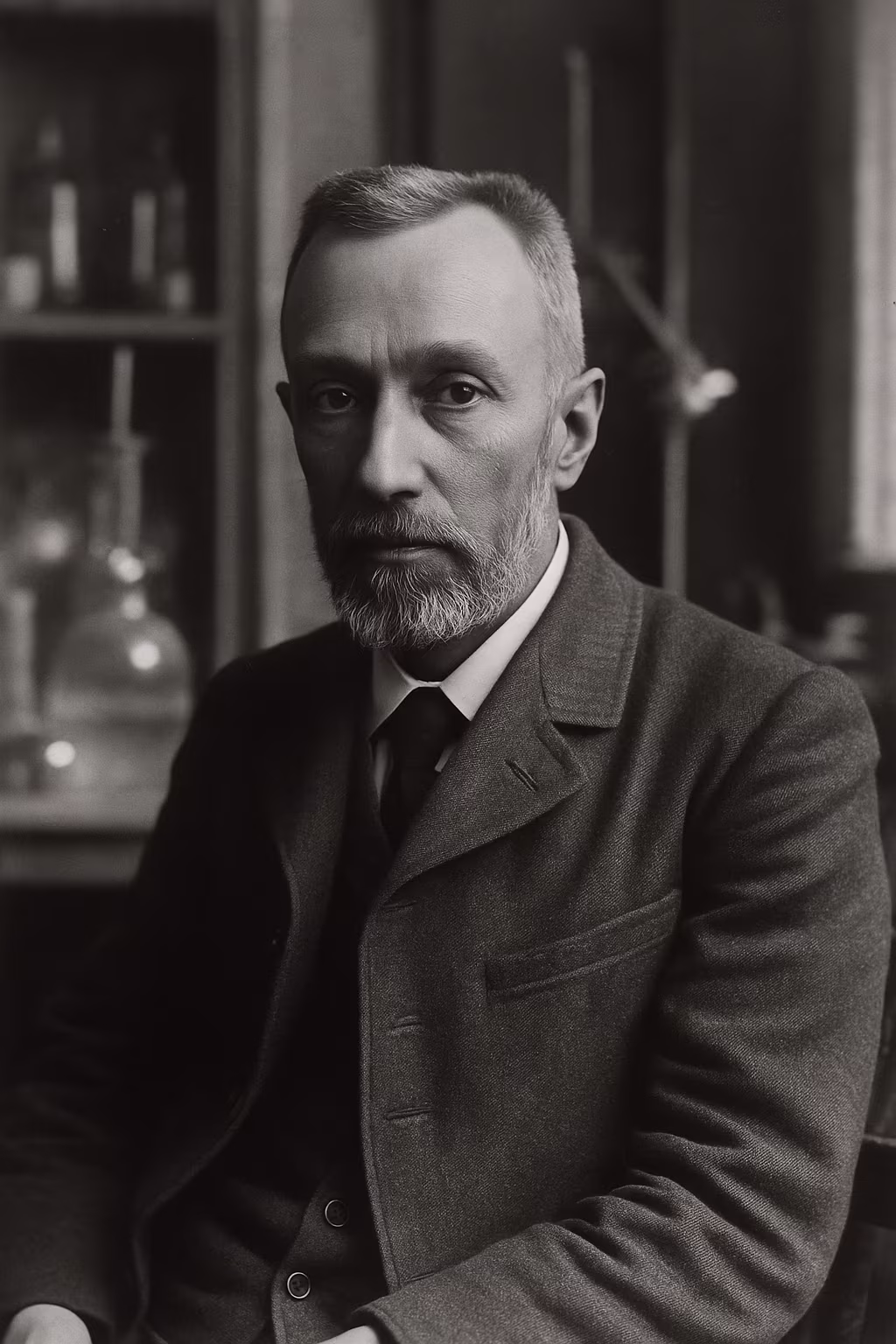 Portrait en noir et blanc de Pierre Curie dans son laboratoire vers 1900, vêtu d’un costume sombre, barbe courte, observant les instruments scientifiques utilisés pour ses recherches sur la radioactivité.