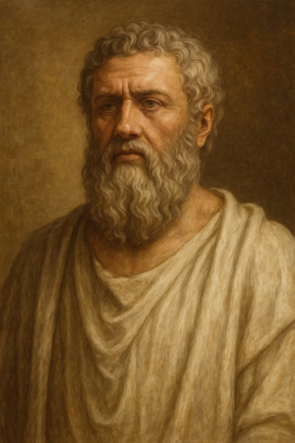 Buste réaliste de Platon, barbe fournie et cheveux ondulés, visage méditatif éclairé à la manière d’une sculpture du IVe siècle av. J.-C.