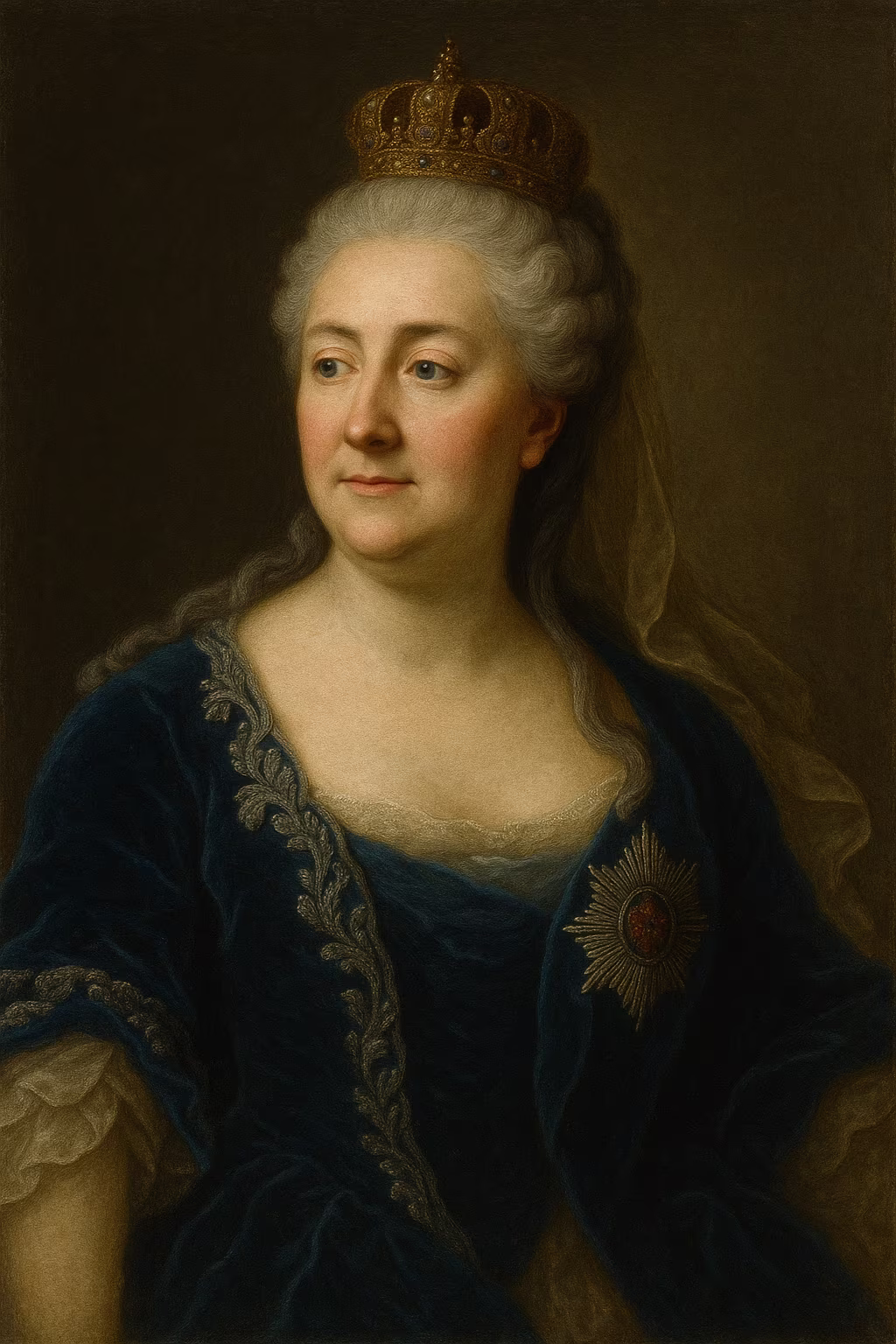 Realistic portrait of Catherine II of Russia wearing an ermine-trimmed imperial mantle, a glittering diadem, and a resolute expression reminiscent of an eighteenth-century oil painting.