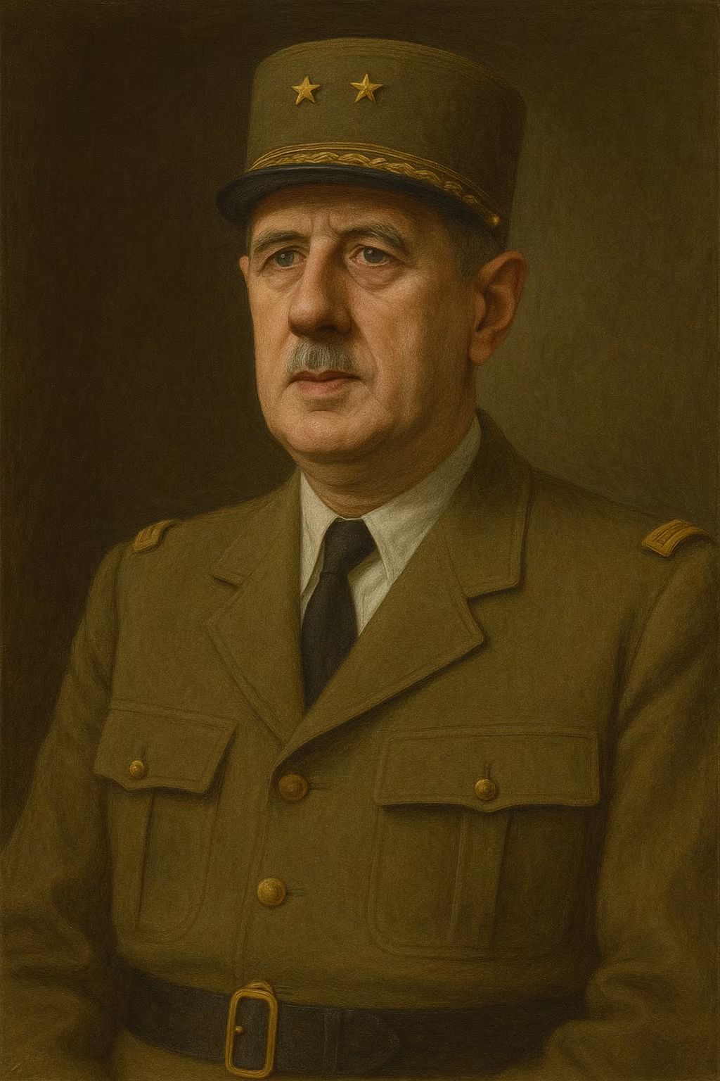 Portrait détaillé de Charles de Gaulle en uniforme de général, portant le képi orné de feuilles de chêne, regard déterminé, éclairage évoquant une photographie officielle des années 1940.