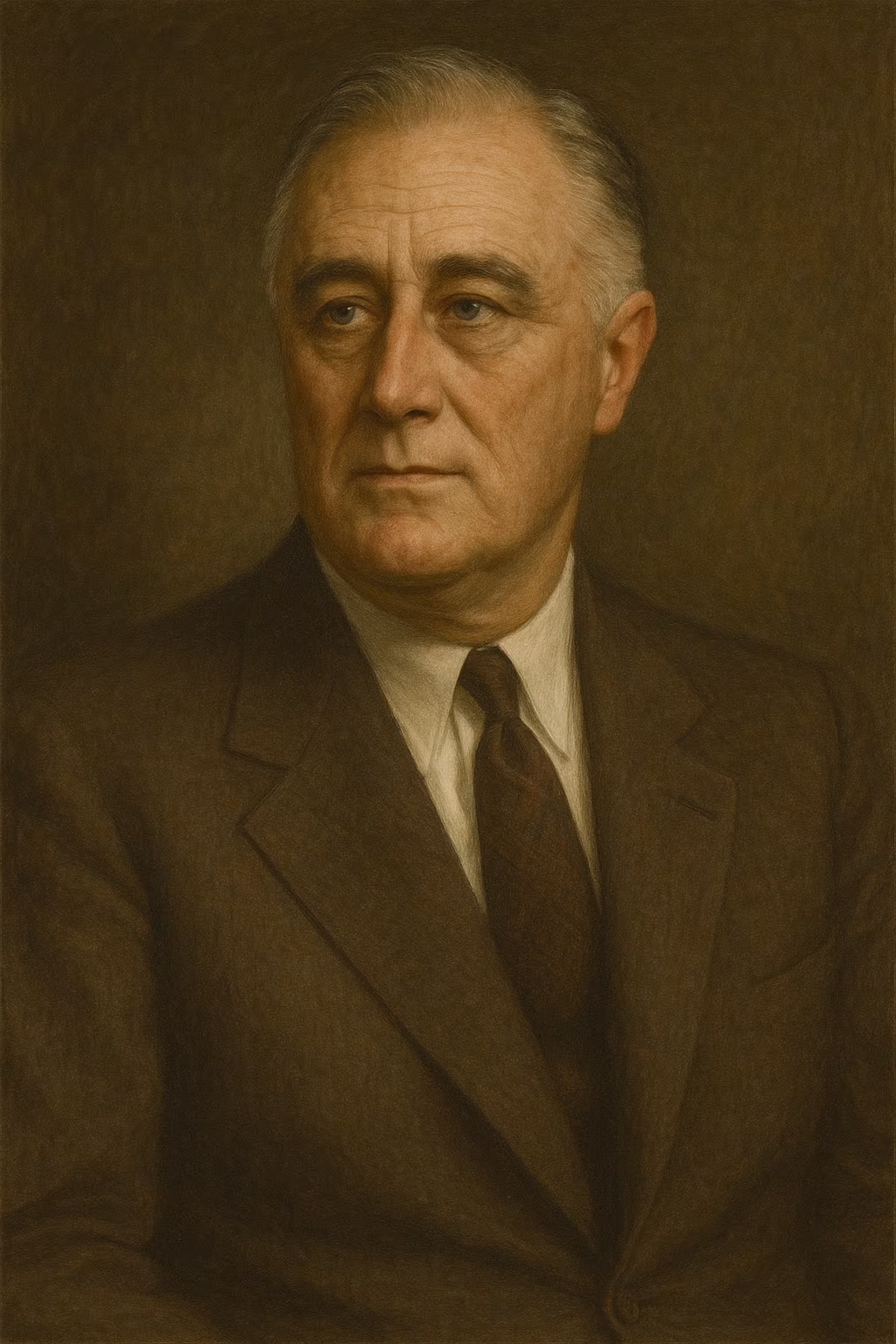 Portrait réaliste de Franklin D. Roosevelt, assis dans un fauteuil, sourire assuré, costume sombre et pince-nez, lumière douce rappelant la photographie officielle des années 1930.