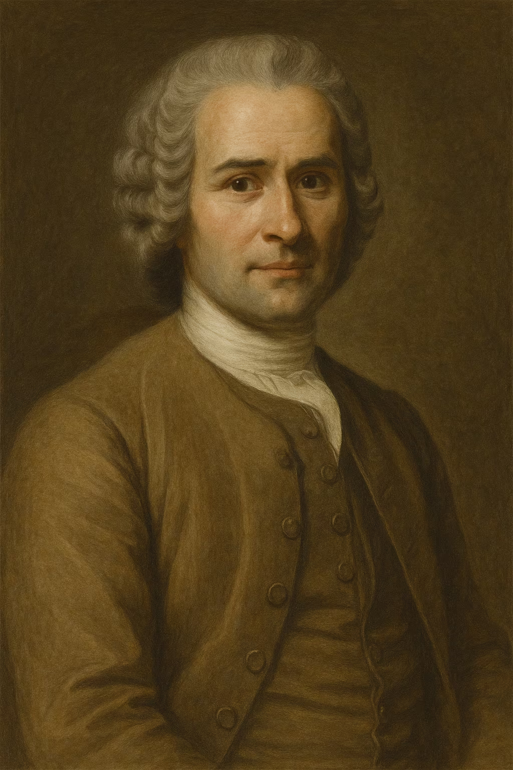 Portrait réaliste de Jean-Jacques Rousseau en habit du XVIIIe siècle, perruque poudrée et manuscrit à la main, éclairage doux rappelant un salon littéraire.