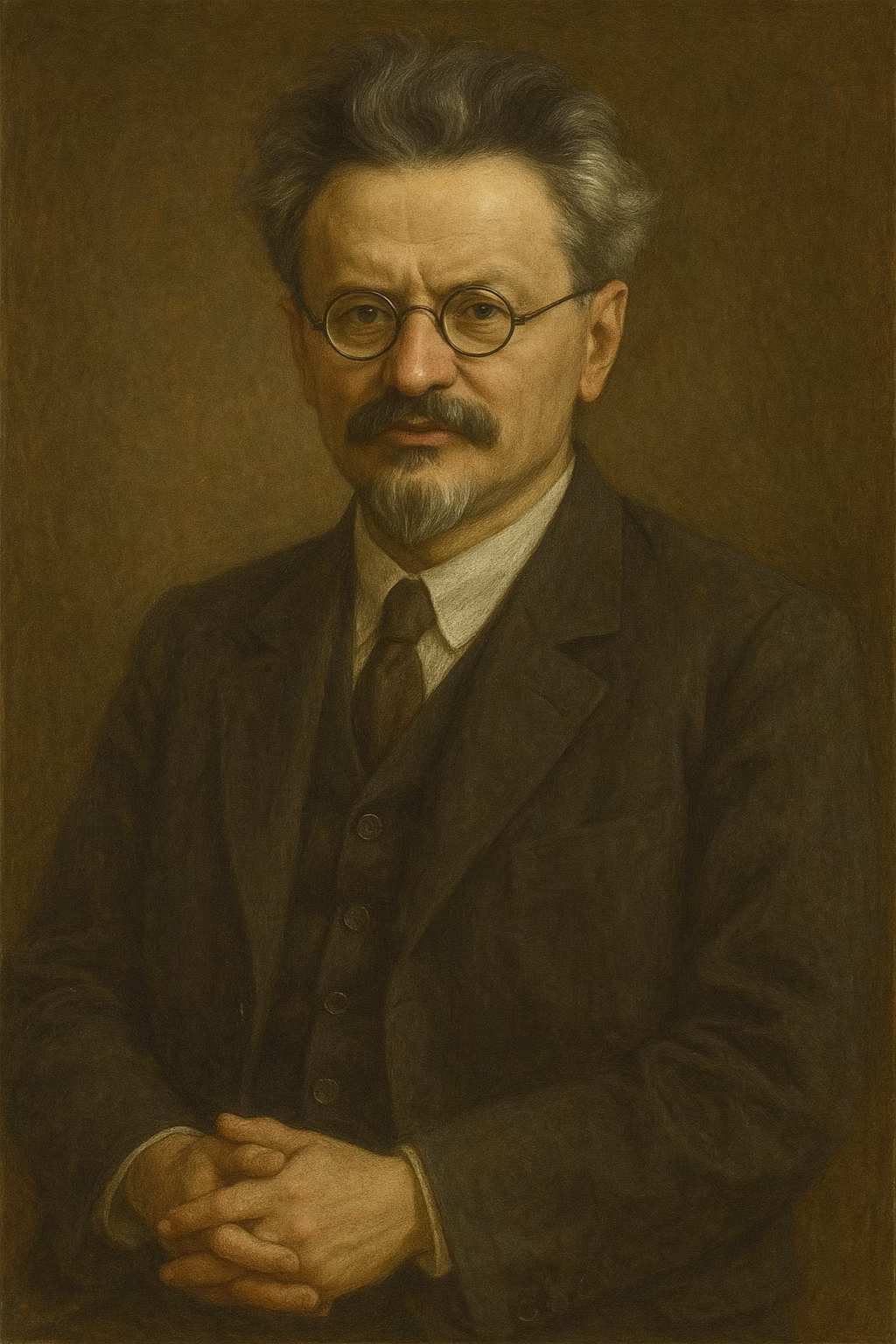 Portrait réaliste de Léon Trotsky, lunettes cerclées rondes, barbiche courte et cheveux ondulés, veste sombre et lumière dramatique évoquant les portraits politiques du début du XXe siècle.