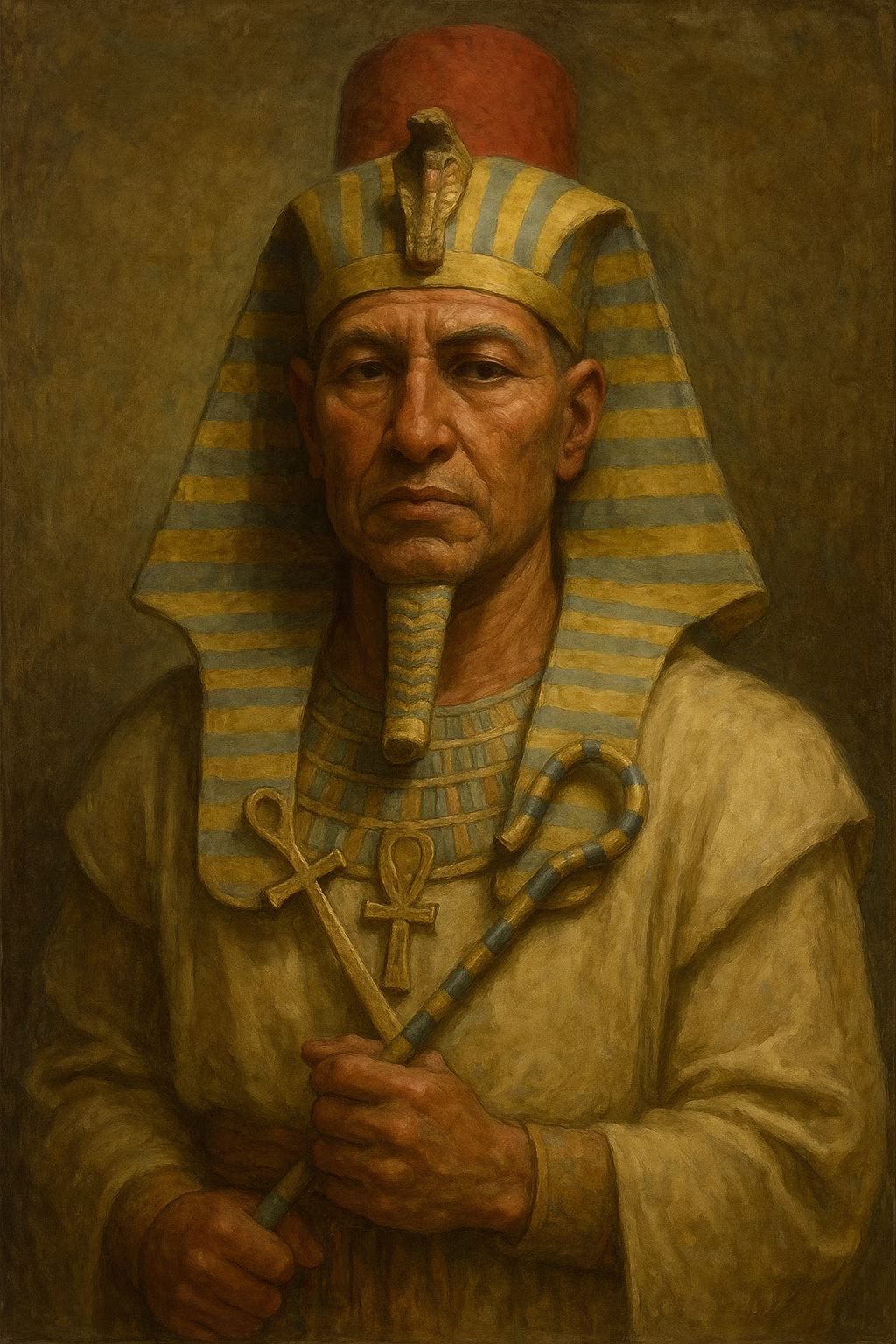 Portrait réaliste de Ramsès II, pharaon portant némès rayé et uraeus, peau cuivrée, regard assuré, lumière chaude évoquant les reliefs thébains.