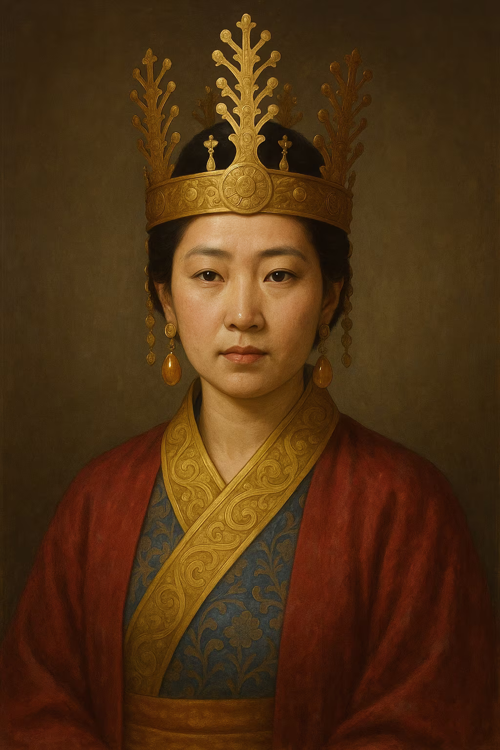 Portrait réaliste de la reine Seondeok de Silla, coiffure ornée de couronnes dorées, hanbok royal brodé de motifs lotus, regard déterminé et serein, arrière-plan évoquant l’observatoire Cheomseongdae du VIIe siècle.