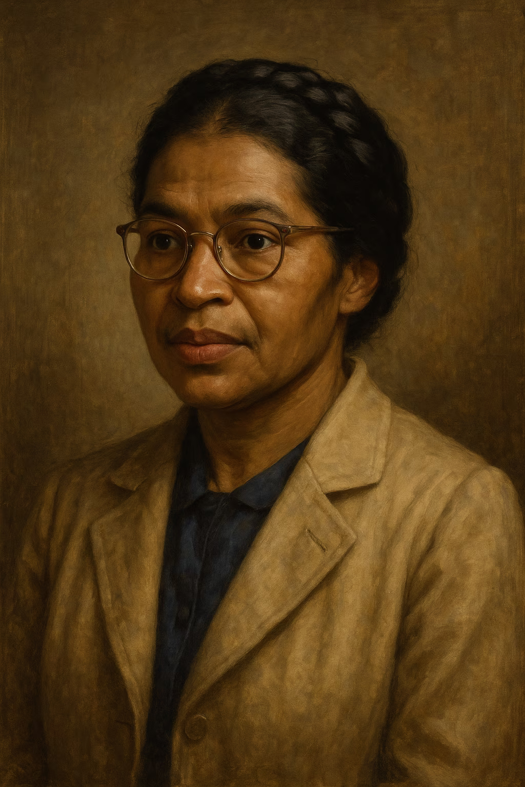 Portrait réaliste de Rosa Parks, lunettes cat-eye, manteau sombre, assise dans un bus ségrégué de Montgomery, regard calme mais résolu.