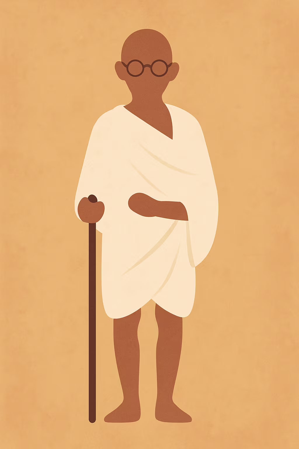 Symbolic illustration of a universal silhouette in white cotton with round glasses and a walking stick, artistic symbol of non-violence and Indian independence