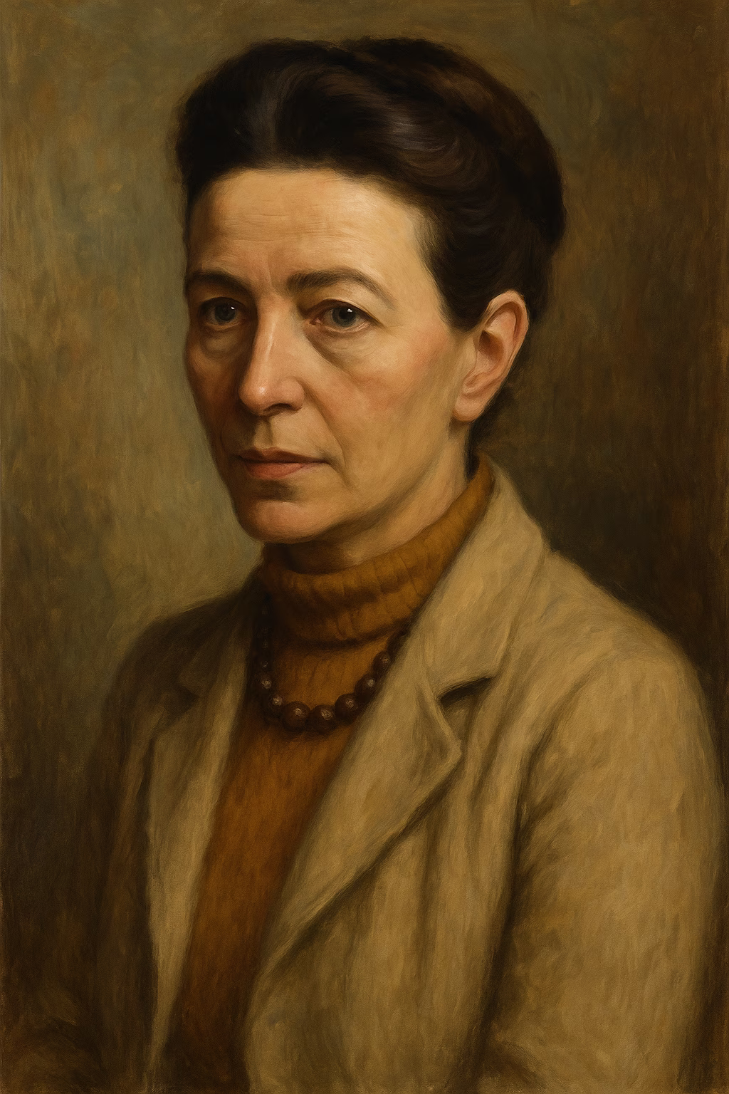 Portrait photographique de Simone de Beauvoir, cheveux relevés en chignon, regard intense et expression déterminée, vêtue d'un manteau sombre dans un café parisien des années 1950.