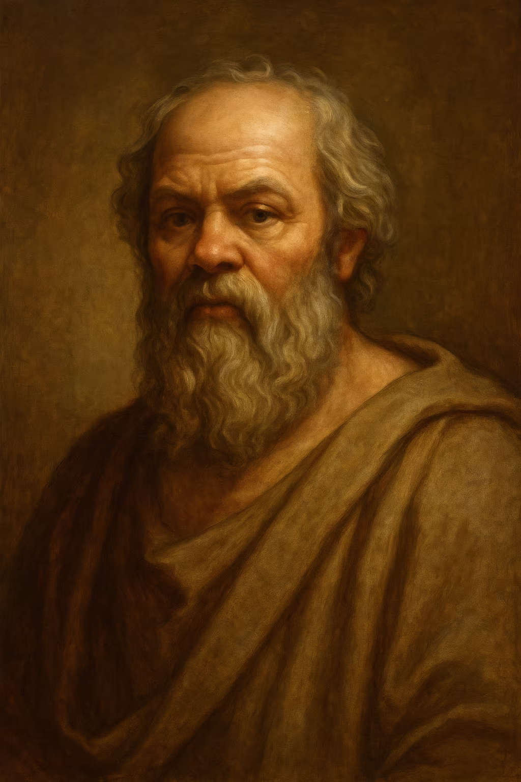 Realistic portrait of Socrates with weathered face, full beard, and questioning gaze, draped in a himation and lit like a 5th-century BCE Attic sculpture.