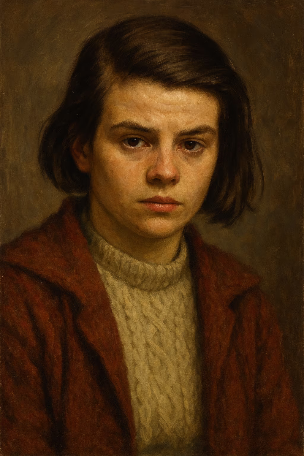 Portrait réaliste de Sophie Scholl, cheveux bruns coupés au carré, broche blanche sur un manteau sombre, regard déterminé mais serein, lumière douce rappelant les photographies des années 1940.