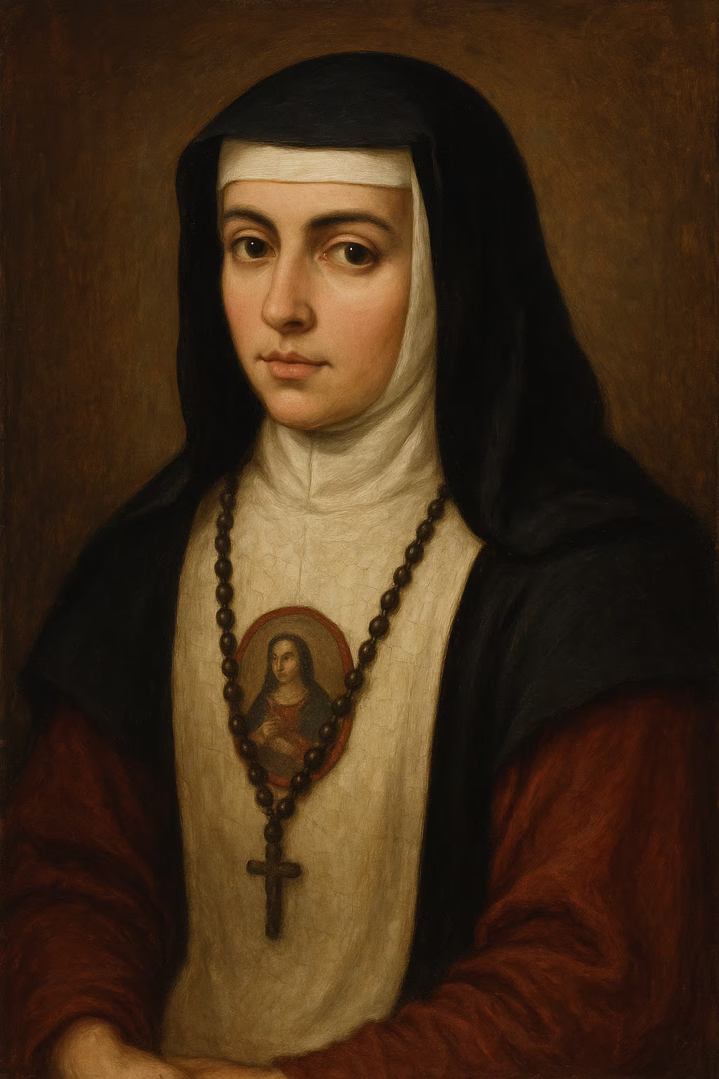 Portrait baroque de Sor Juana Inés de la Cruz dans son habit de religieuse hiéronymite, assise à un pupitre couvert de livres, plume à la main, bibliothèque coloniale mexicaine en arrière-plan.